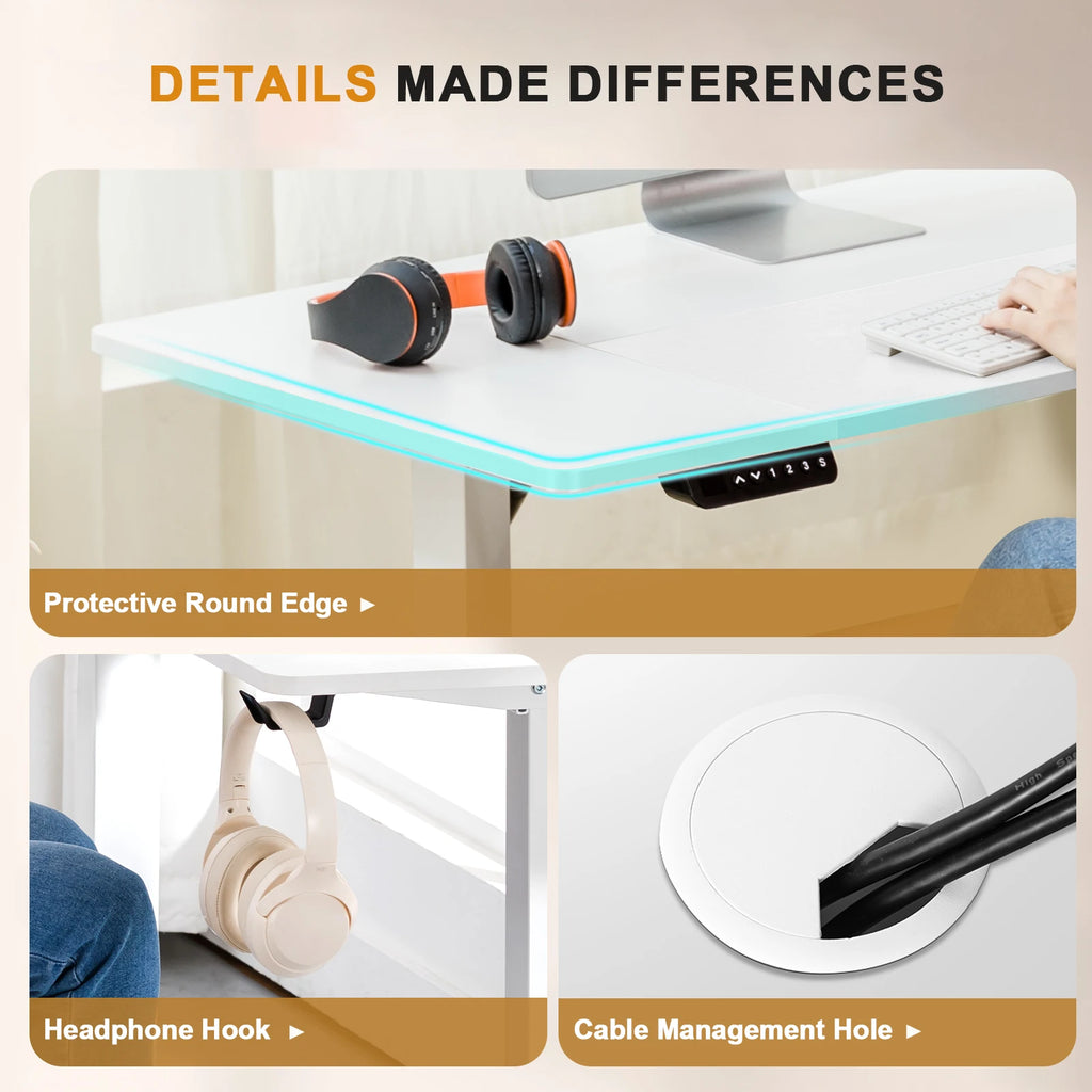 Mesa de escritura de altura ajustable COMHOMA con conector USB y gancho Mesa de computadora ajustable eléctricamente Mesa de asiento con soporte