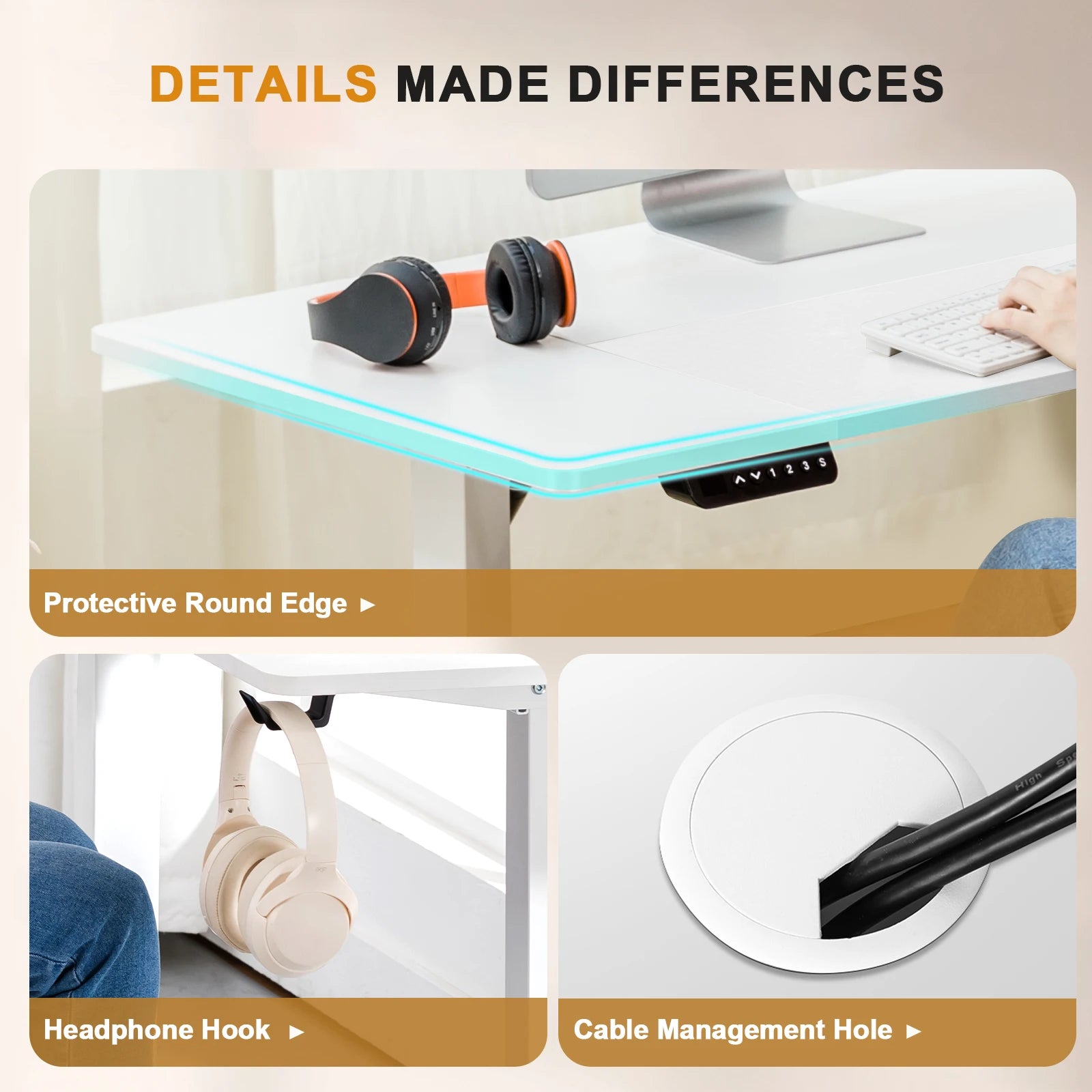 Mesa de escritura de altura ajustable COMHOMA con conector USB y gancho Mesa de computadora ajustable eléctricamente Mesa de asiento con soporte