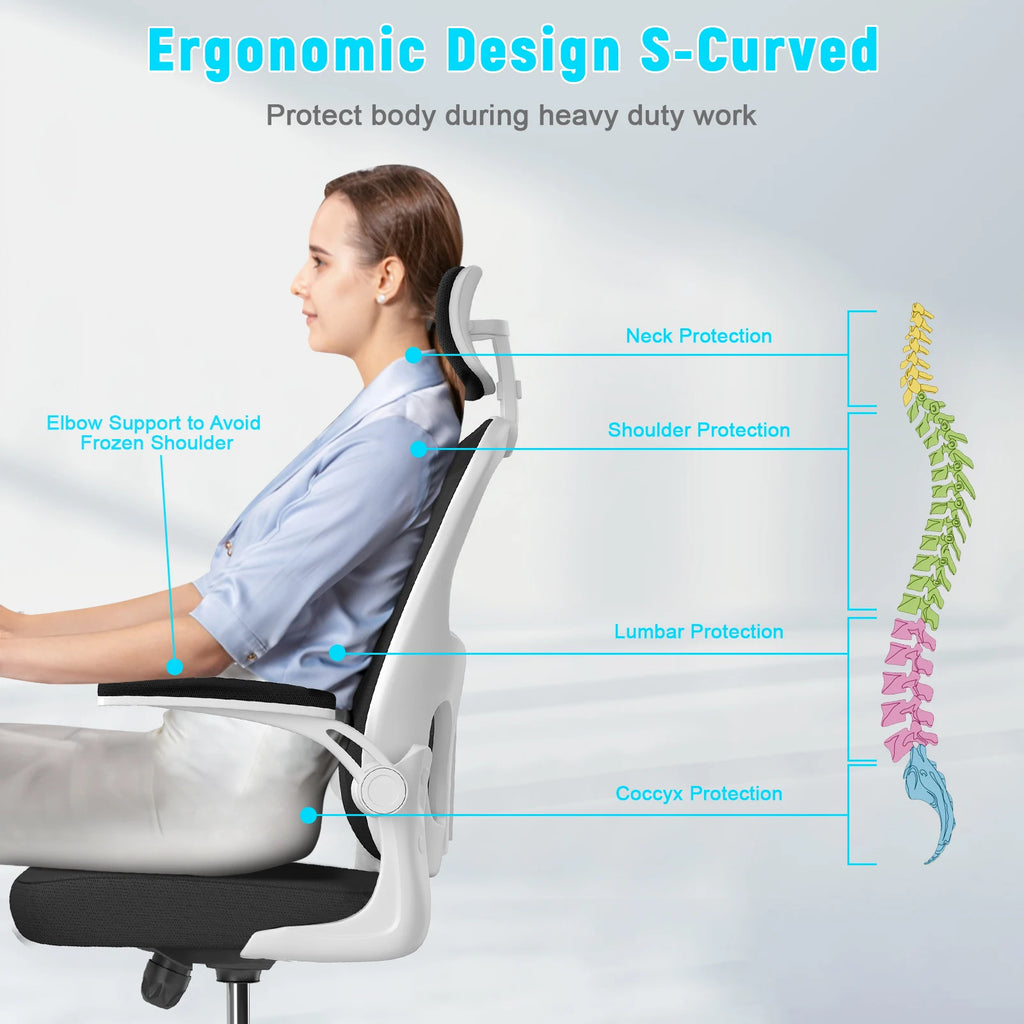 Silla de oficina ergonómica con funda de malla transpirable, reposabrazos ajustables, reposacabezas, soporte lumbar y giro de 360°.
