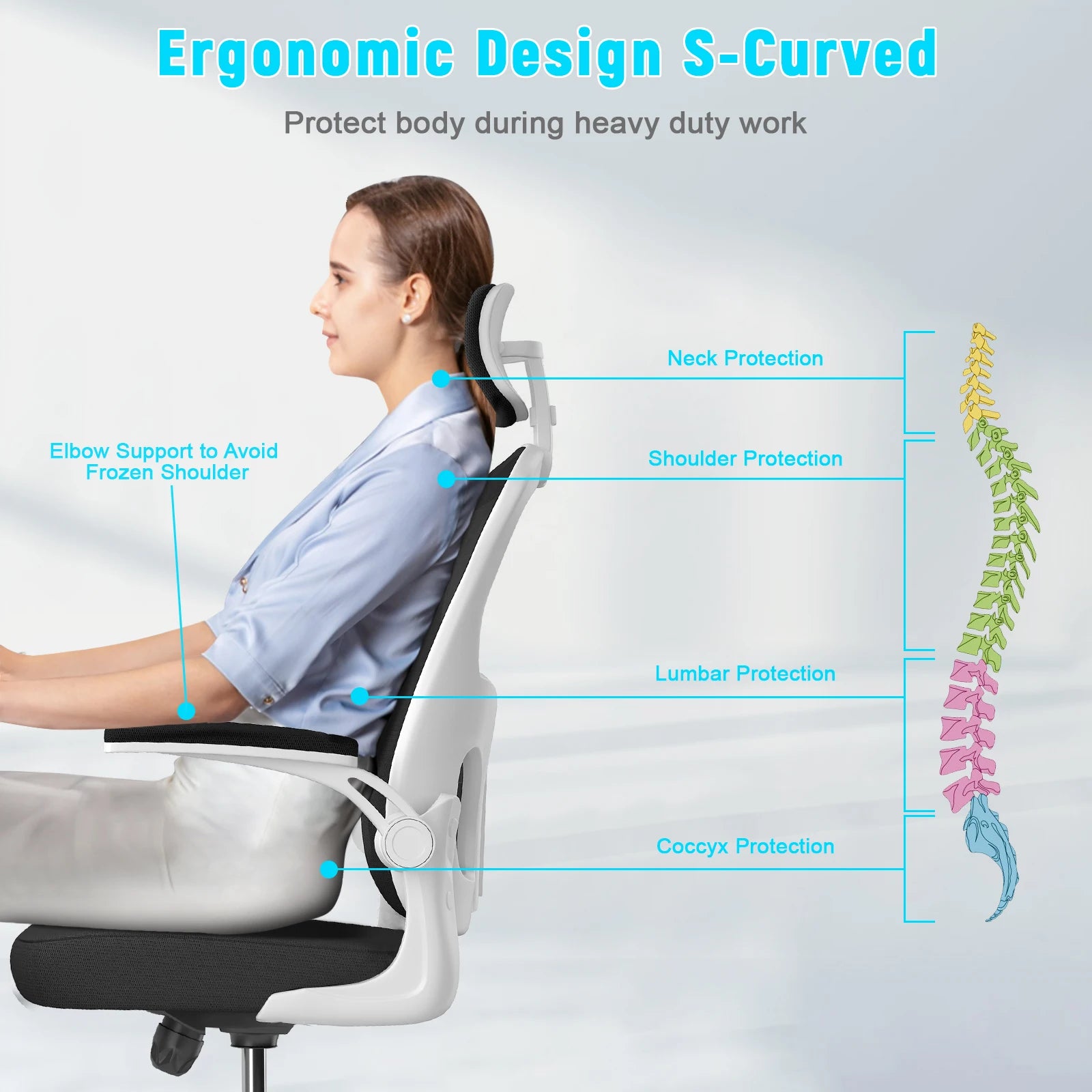Silla de oficina ergonómica con funda de malla transpirable, reposabrazos ajustables, reposacabezas, soporte lumbar y giro de 360°.