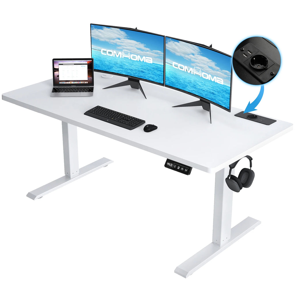 Mesa de escritura de altura ajustable COMHOMA con conector USB y gancho Mesa de computadora ajustable eléctricamente Mesa de asiento con soporte
