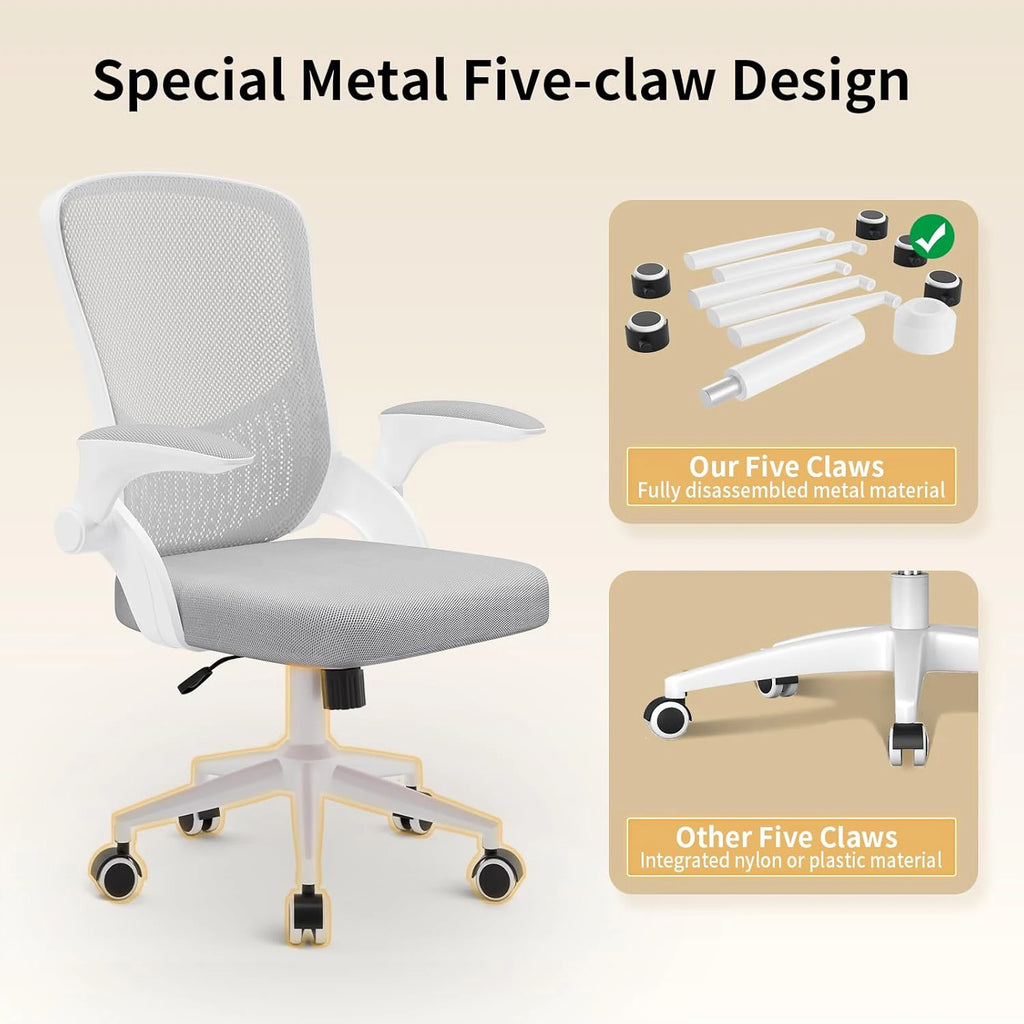 Silla ergonómica de oficina con reposabrazos plegables de 90°, soporte lumbar y acolchado de malla transpirable para oficina en casa.