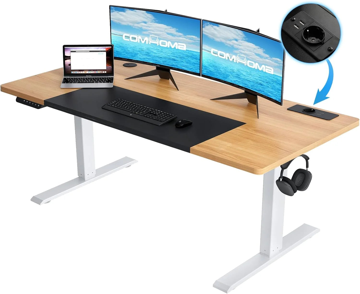Mesa de escritura de altura ajustable COMHOMA con conector USB y gancho Mesa de computadora ajustable eléctricamente Mesa de asiento con soporte