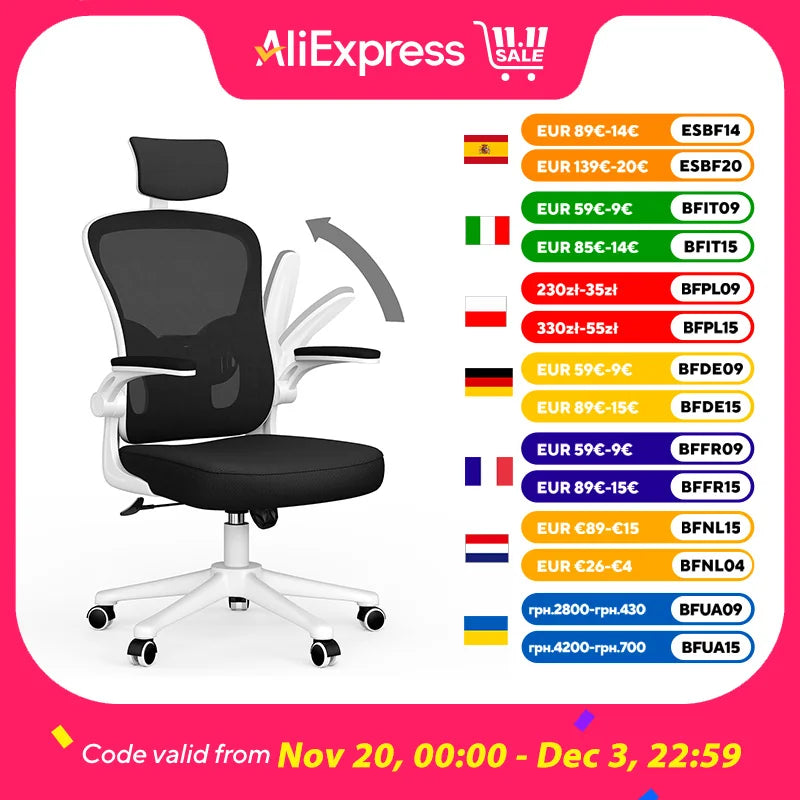 Silla de oficina ergonómica con funda de malla transpirable, reposabrazos ajustables, reposacabezas, soporte lumbar y giro de 360°.