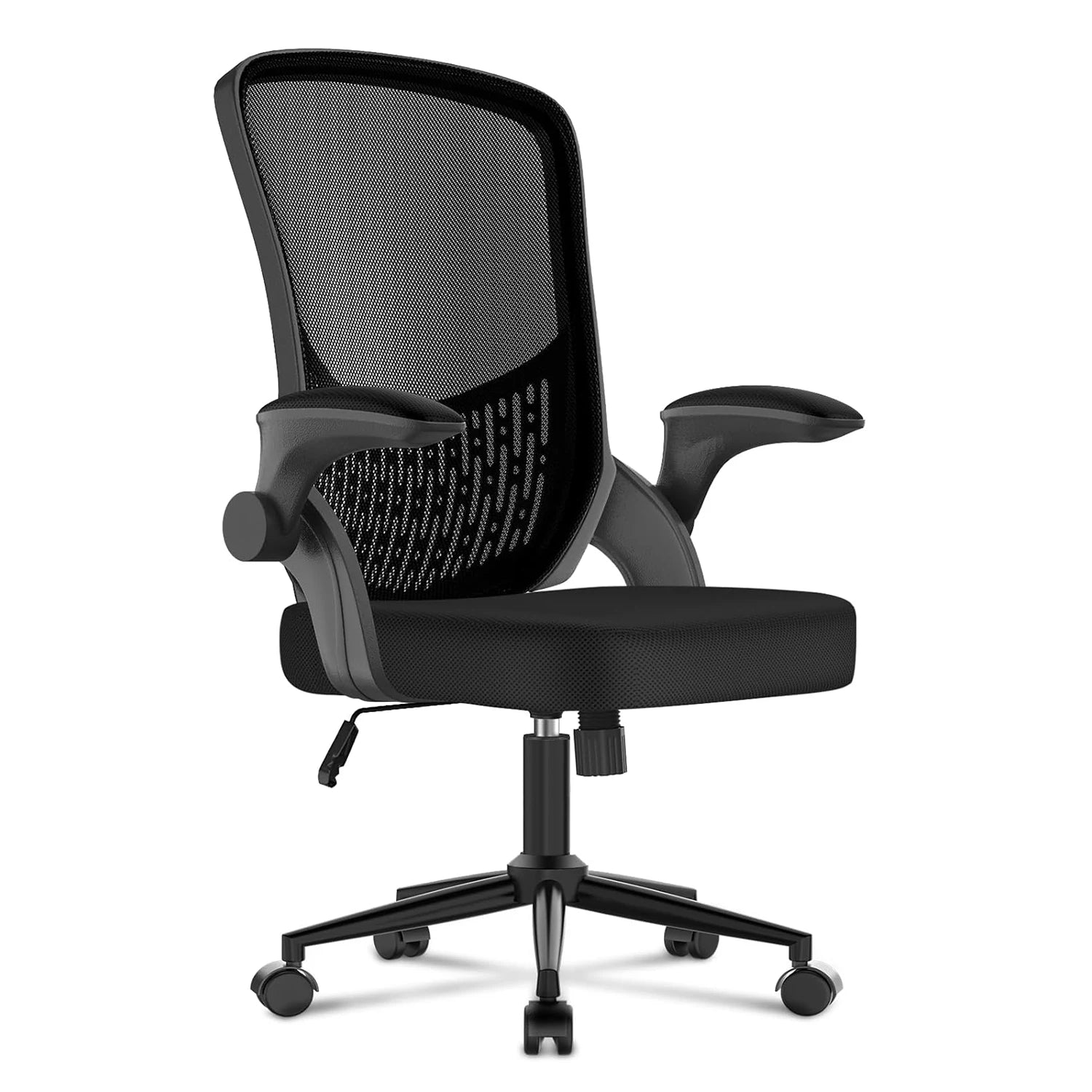 Silla ergonómica de oficina con reposabrazos plegables de 90°, soporte lumbar y acolchado de malla transpirable para oficina en casa.