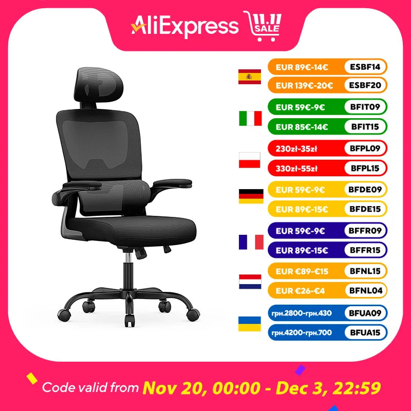 Silla de oficina ergonómica con reposabrazos plegables, respaldo transpirable y altura ajustable, silla giratoria para juegos.