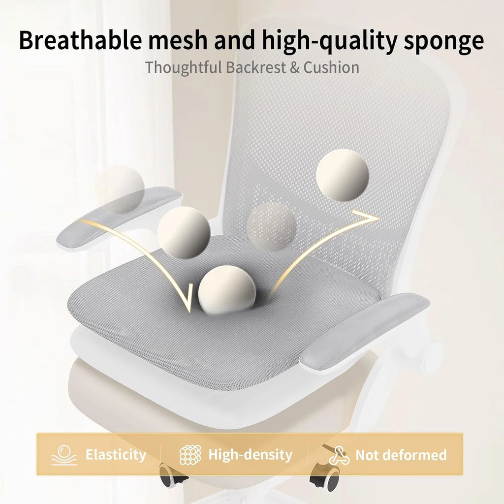 Silla ergonómica de oficina con reposabrazos plegables de 90°, soporte lumbar y acolchado de malla transpirable para oficina en casa.