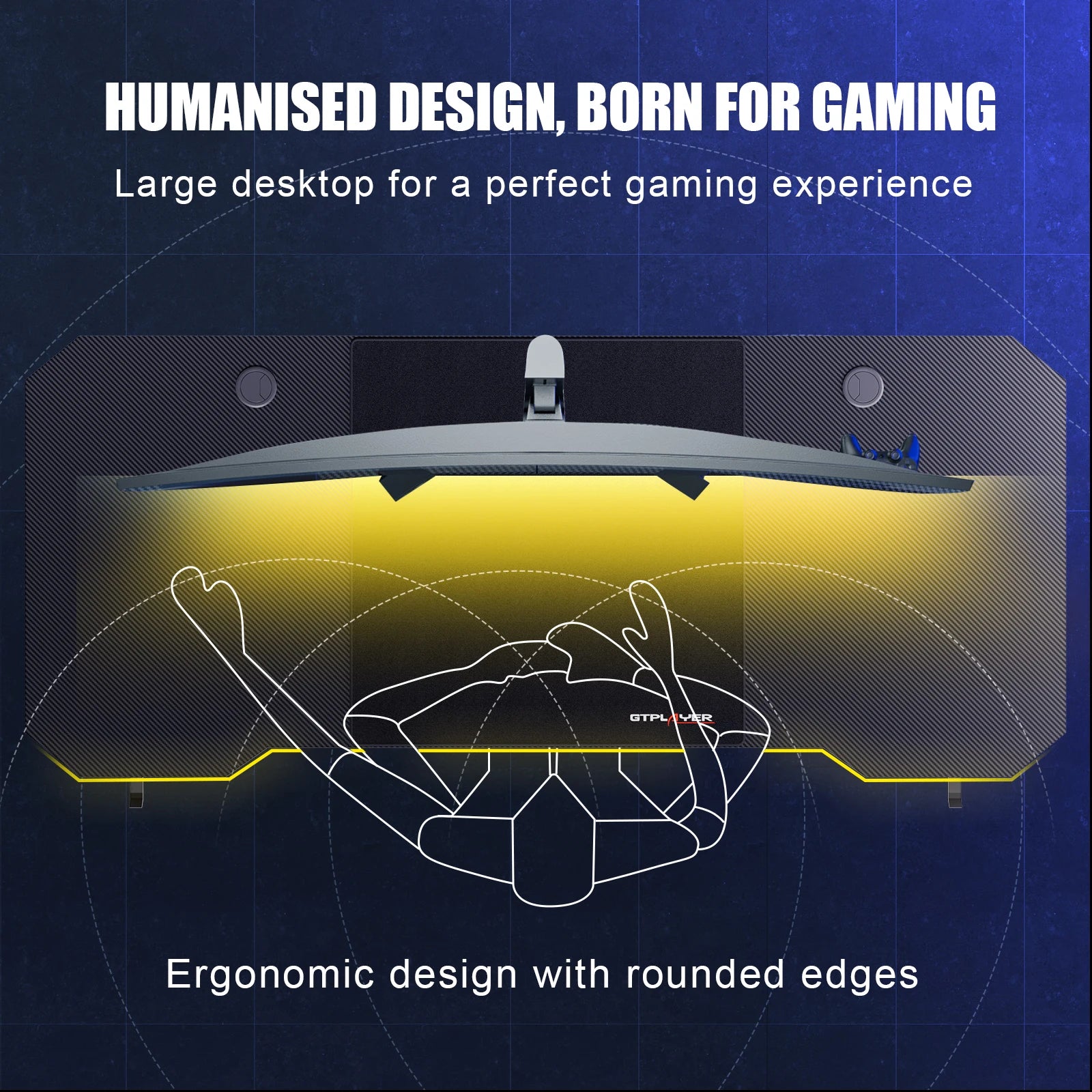 Escritorio para juegos GTPLAYER, 120 x 60 cm, para PC, con superficie de fibra de carbono, LED y enchufe, color negro