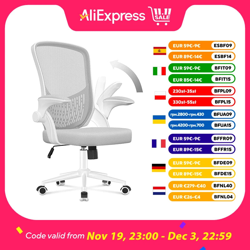 Silla ergonómica de oficina con reposabrazos plegables de 90°, soporte lumbar y acolchado de malla transpirable para oficina en casa.
