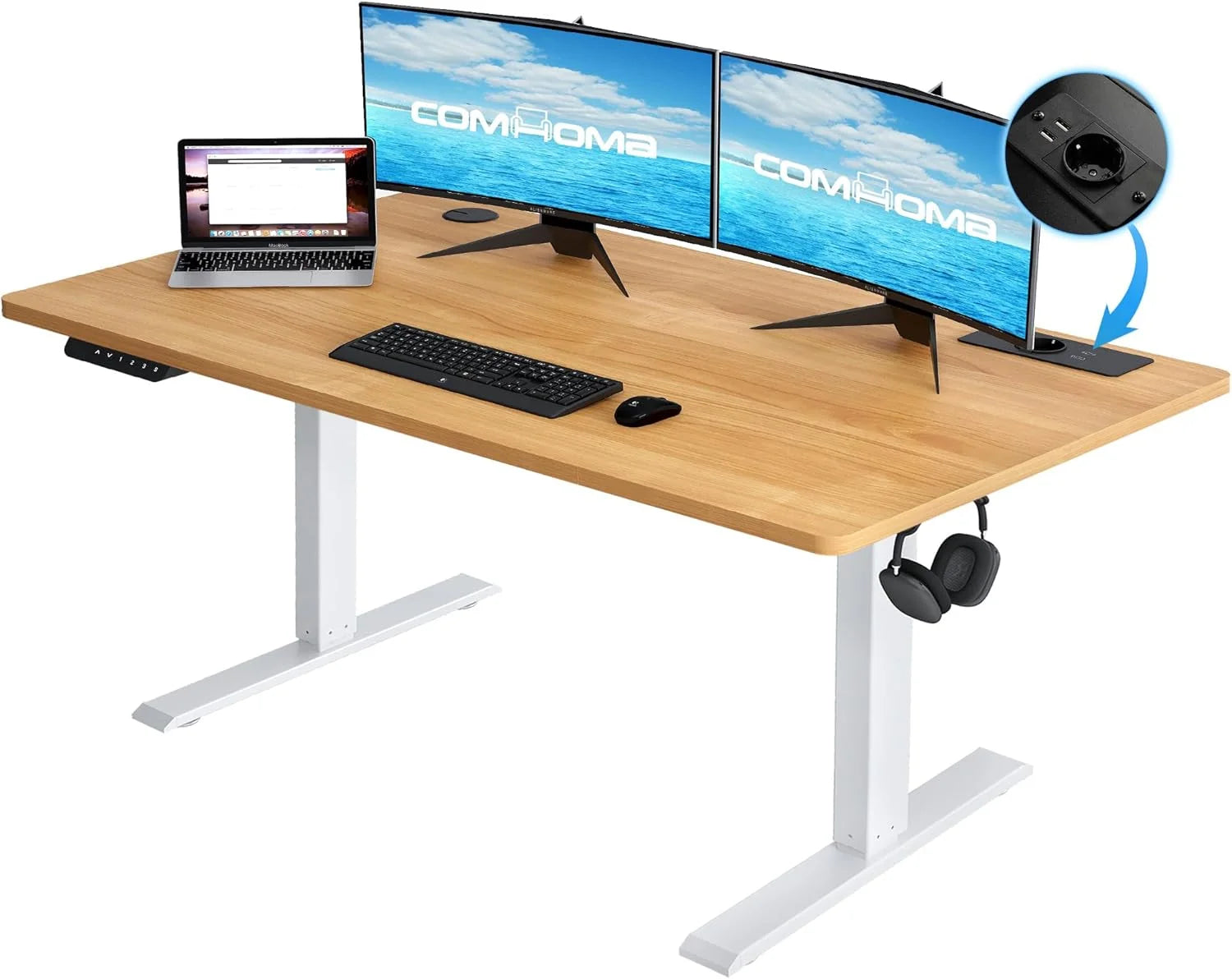 Mesa de escritura de altura ajustable COMHOMA con conector USB y gancho Mesa de computadora ajustable eléctricamente Mesa de asiento con soporte