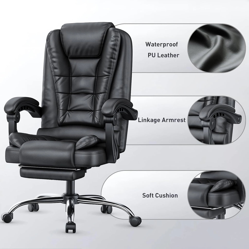 Silla de oficina ejecutiva con sillón reclinable ergonómico, reposapiés y respaldo alto.