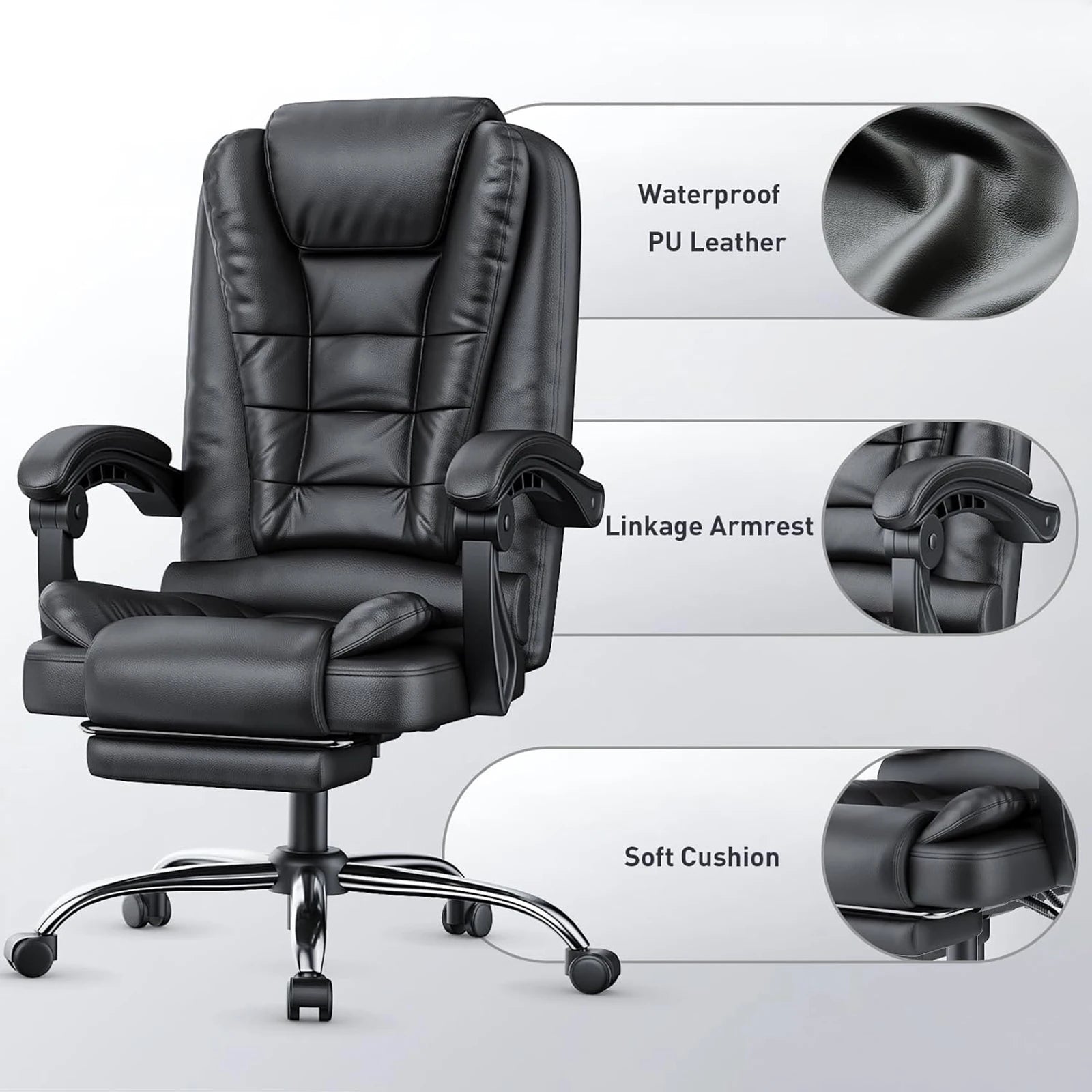 Silla de oficina ejecutiva con sillón reclinable ergonómico, reposapiés y respaldo alto.