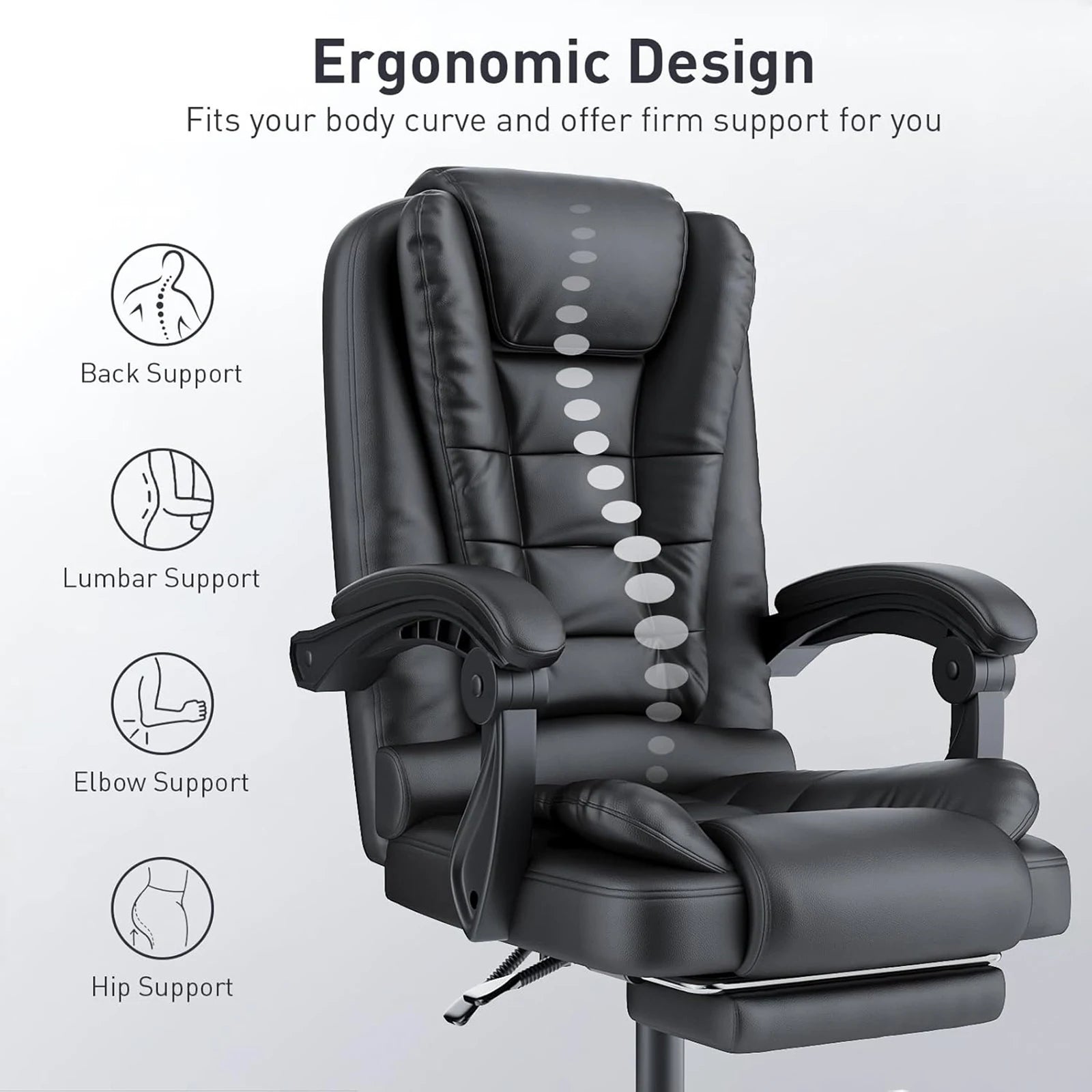 Silla de oficina ejecutiva con sillón reclinable ergonómico, reposapiés y respaldo alto.