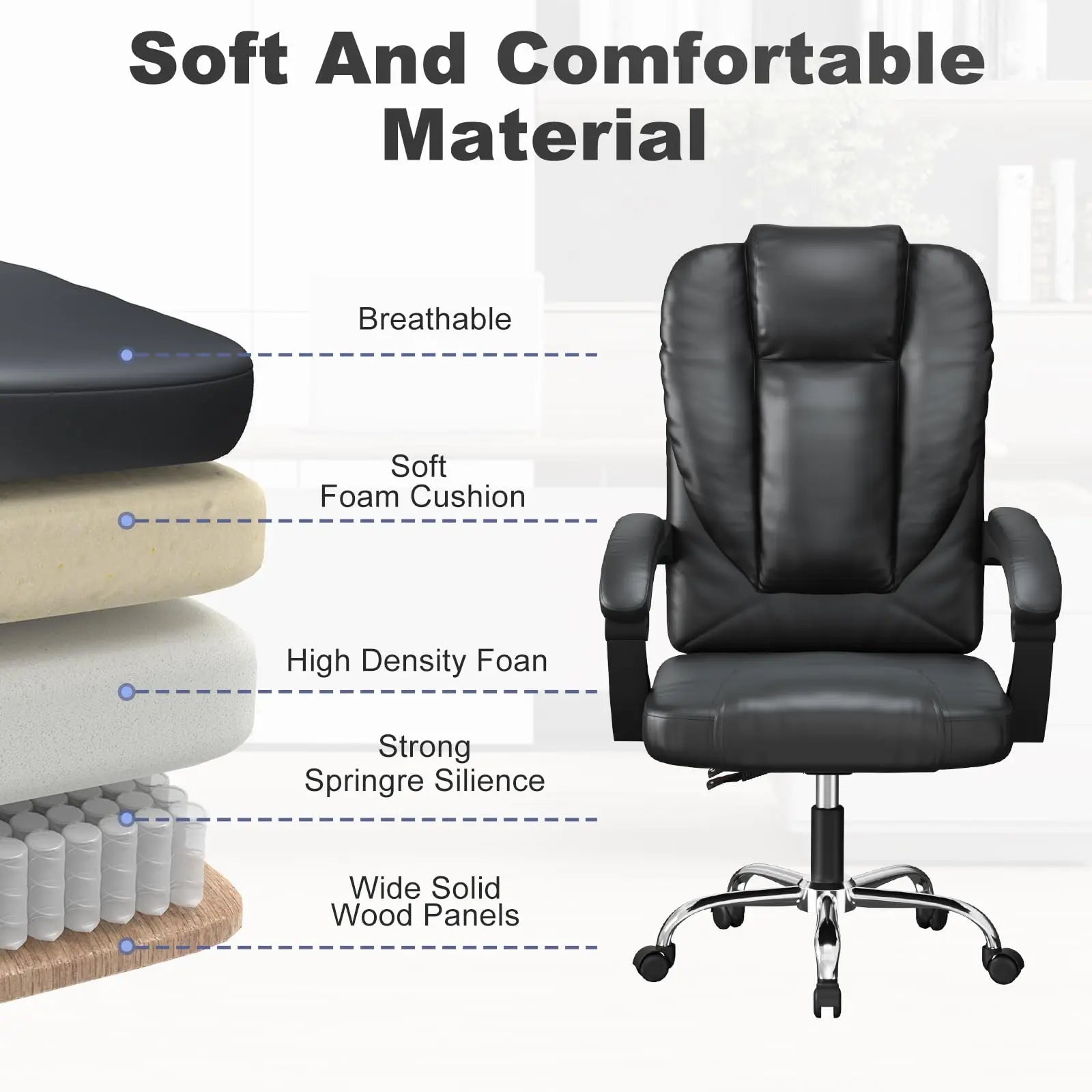 Silla de oficina ergonómica ejecutiva de cuero PU con diseño de almohadilla de resorte y respaldo alto ajustable