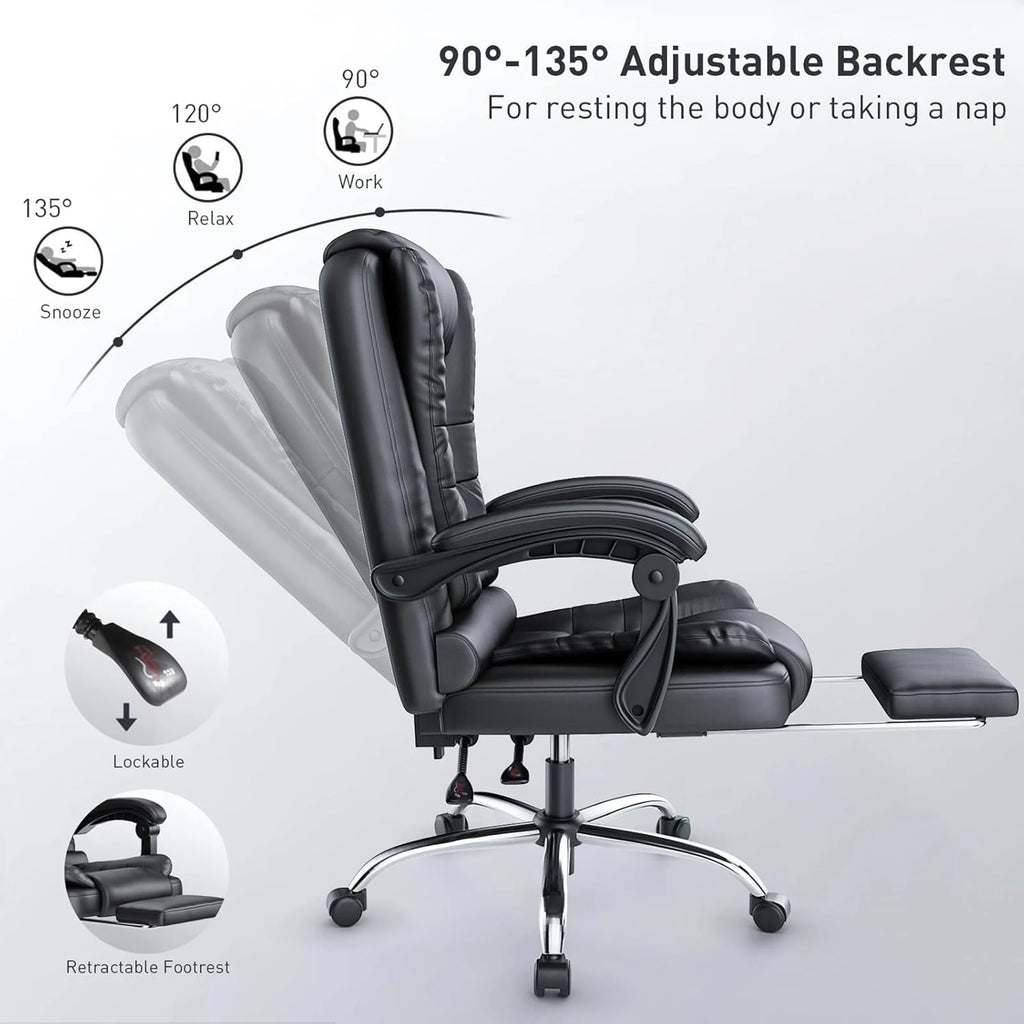 Silla de oficina ejecutiva con sillón reclinable ergonómico, reposapiés y respaldo alto.