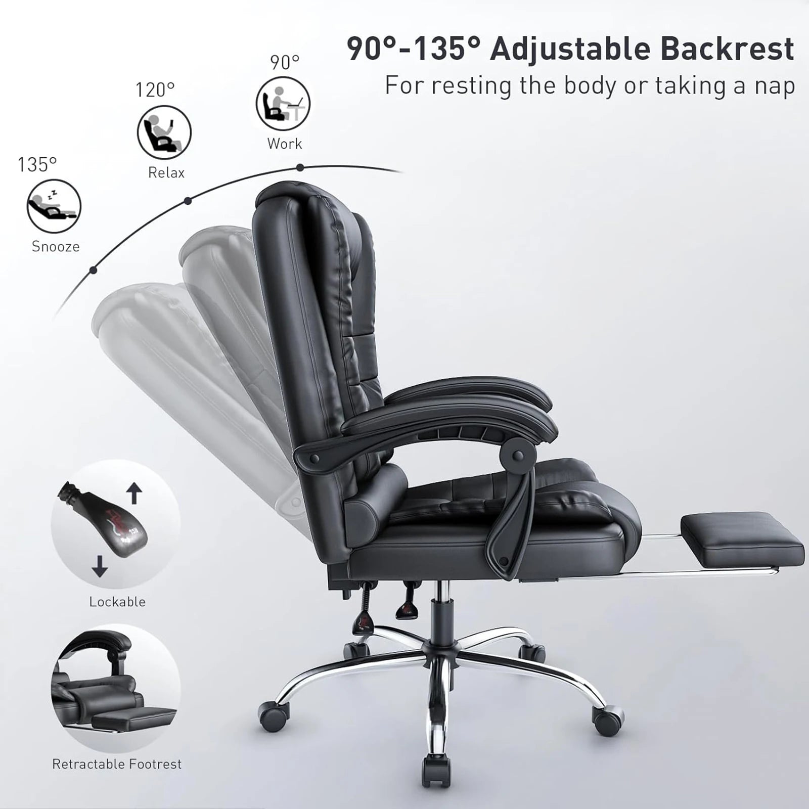 Silla de oficina ejecutiva con sillón reclinable ergonómico, reposapiés y respaldo alto.