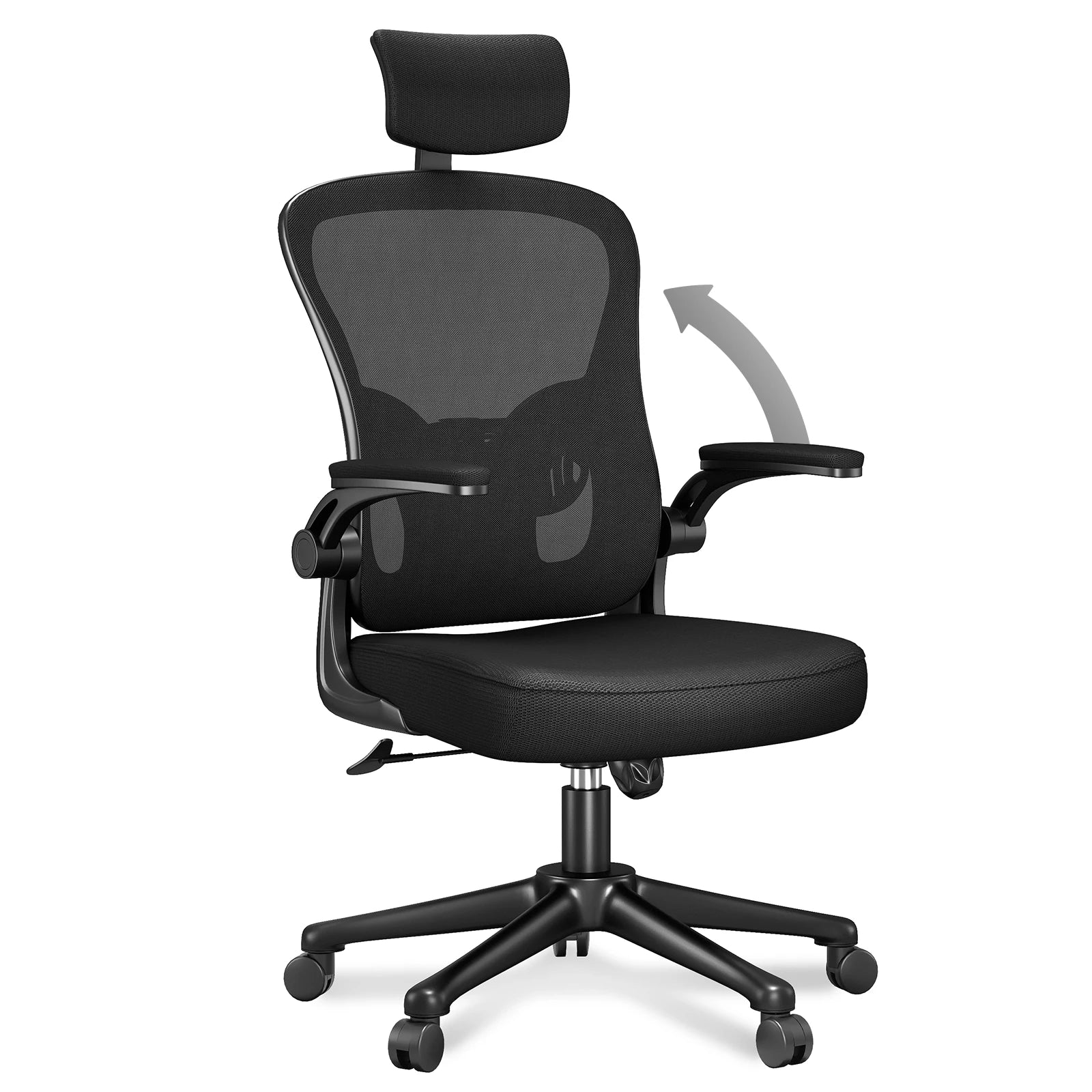 Silla de oficina ergonómica con funda de malla transpirable, reposabrazos ajustables, reposacabezas, soporte lumbar y giro de 360°.