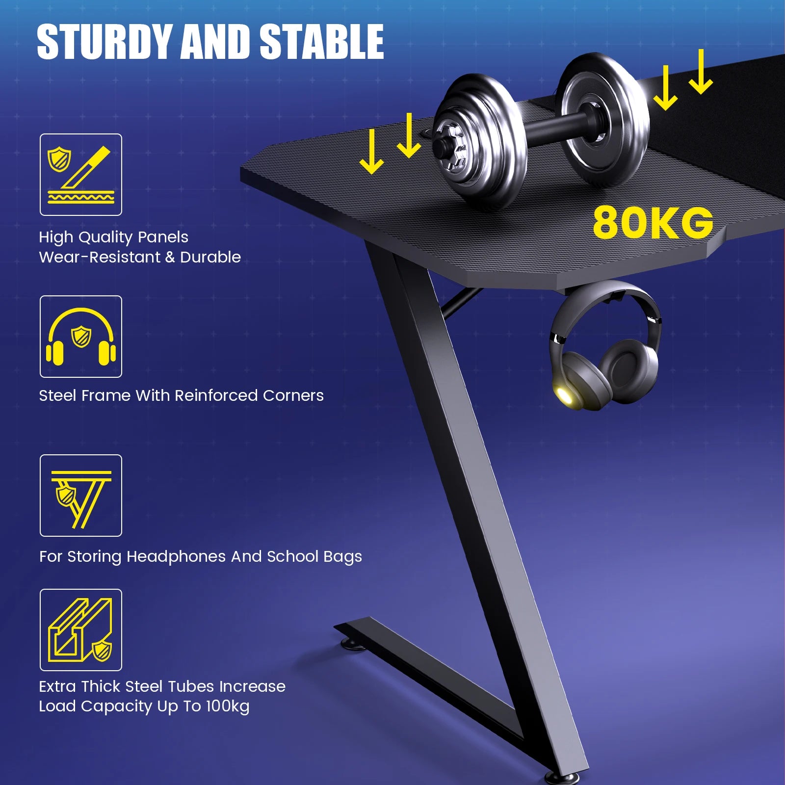 Escritorio para juegos GTPLAYER, 120 x 60 cm, para PC, con superficie de fibra de carbono, LED y enchufe, color negro