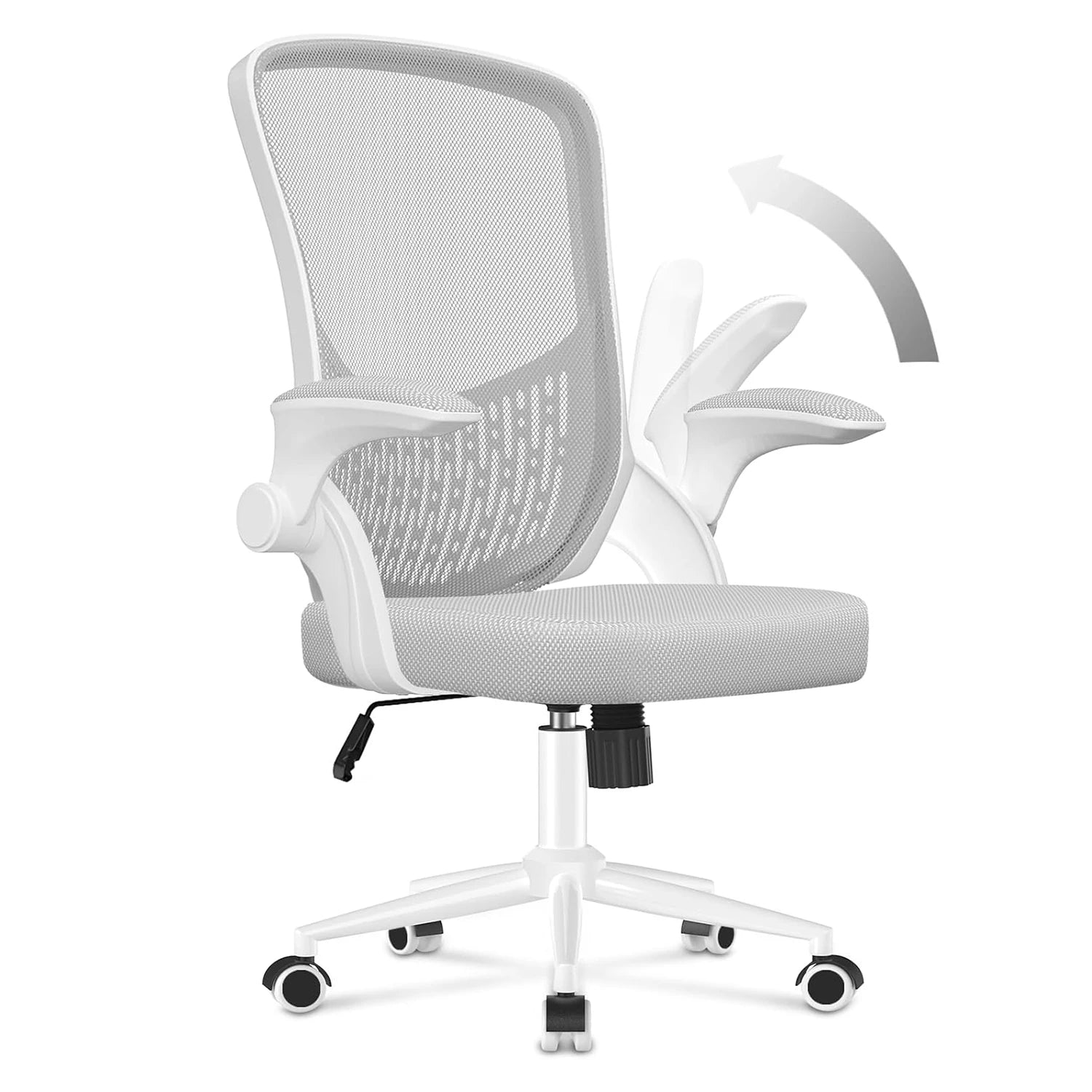 Silla ergonómica de oficina con reposabrazos plegables de 90°, soporte lumbar y acolchado de malla transpirable para oficina en casa.