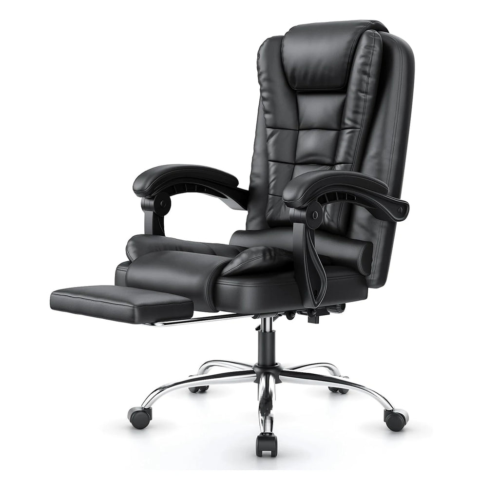 Silla de oficina ejecutiva con sillón reclinable ergonómico, reposapiés y respaldo alto.
