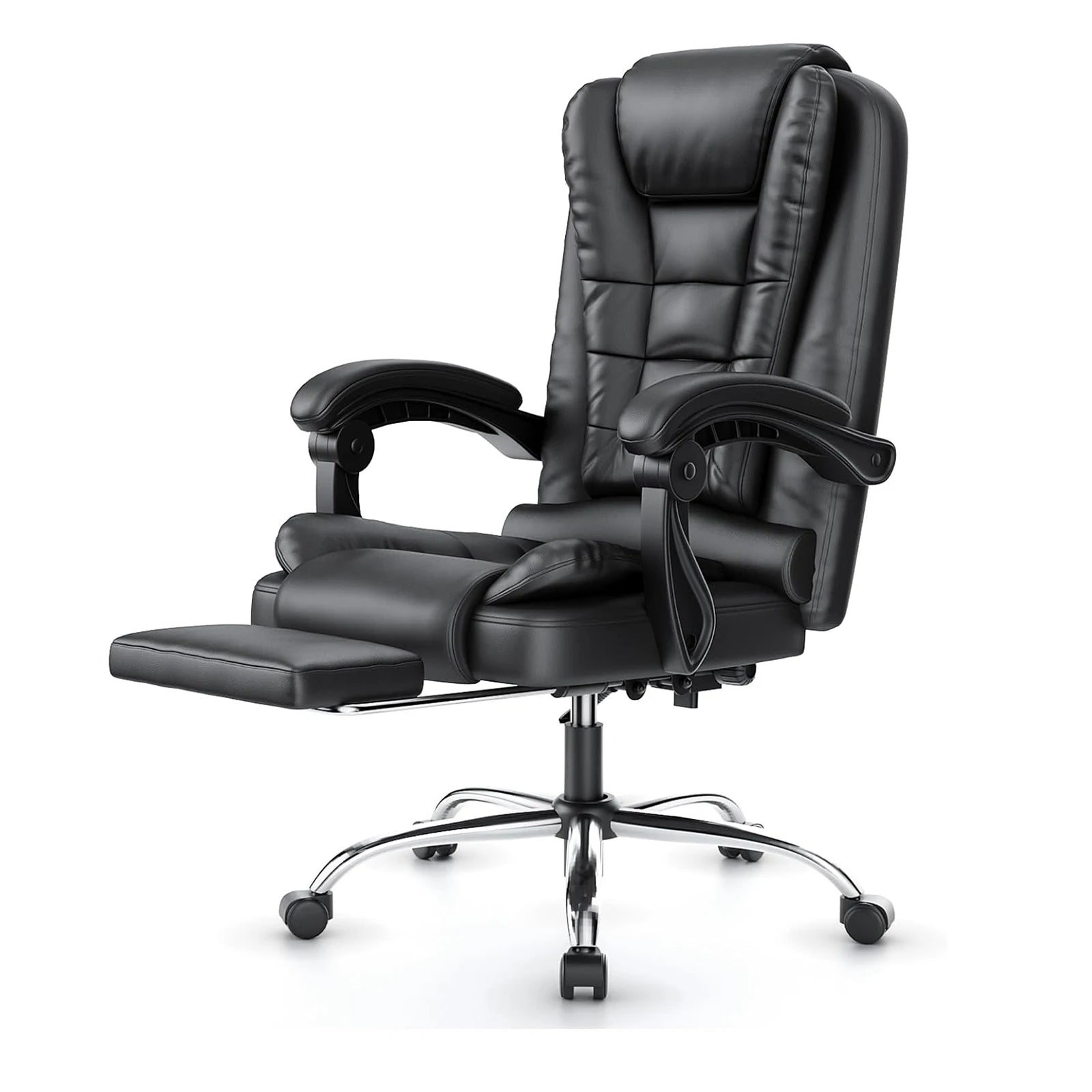 Silla de oficina ejecutiva con sillón reclinable ergonómico, reposapiés y respaldo alto.