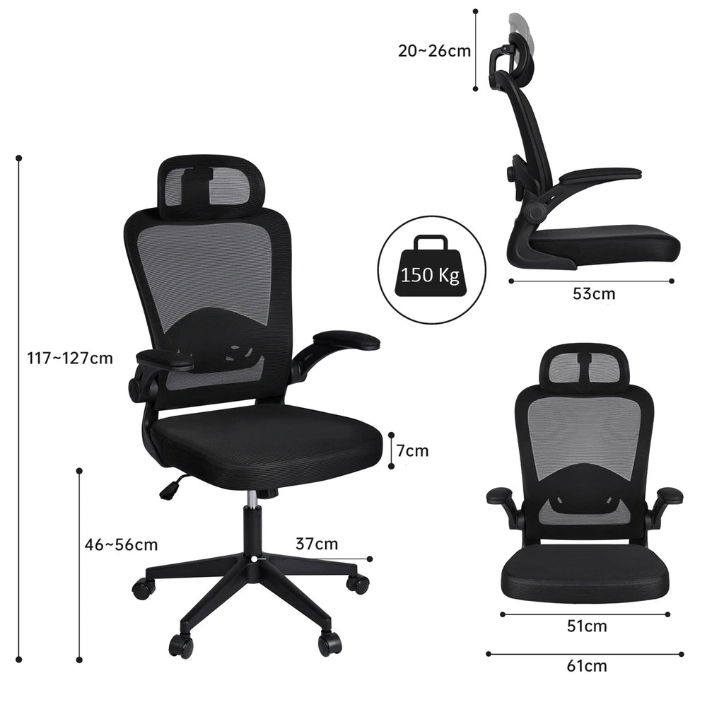 Silla de oficina ergonómica T-Lovendo AM-HOC919-BLACK con soporte lumbar ajustable, malla transpirable, ruedas de rodamiento suave y brazos ajustables para máxima comodidad en entornos domésticos y de oficina.