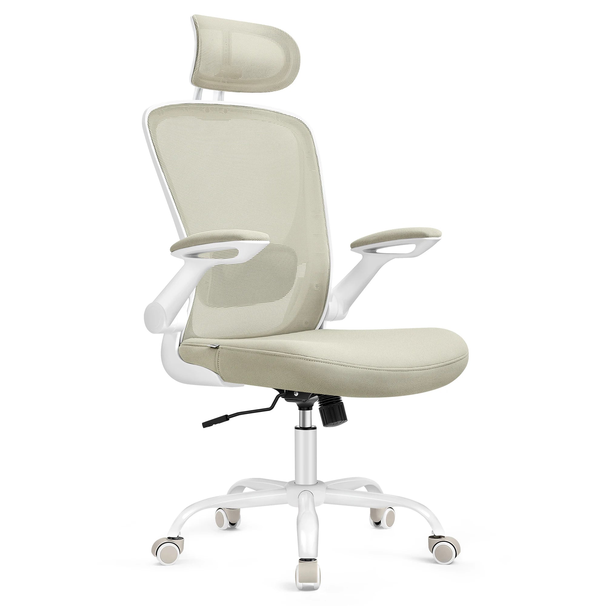 Silla de oficina ergonómica SONGMICS con soporte lumbar ajustable, asiento de 53 cm de ancho, reposabrazos plegables, malla transpirable, color negro tinta/beige capuchino/rosa gelatina/gris paloma, ideal para oficina en casa y juegos.