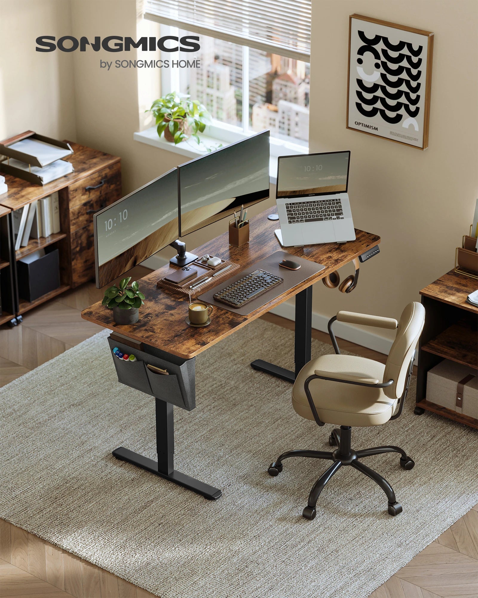 Escritorio eléctrico SONGMICS, altura ajustable, 60 x 140 x (72-120) cm, soporta 70 kg, memoria para 4 alturas, compartimento de almacenamiento integrado, negro rústico/marrón y blanco nube negro, ideal para oficina en casa o estudio.