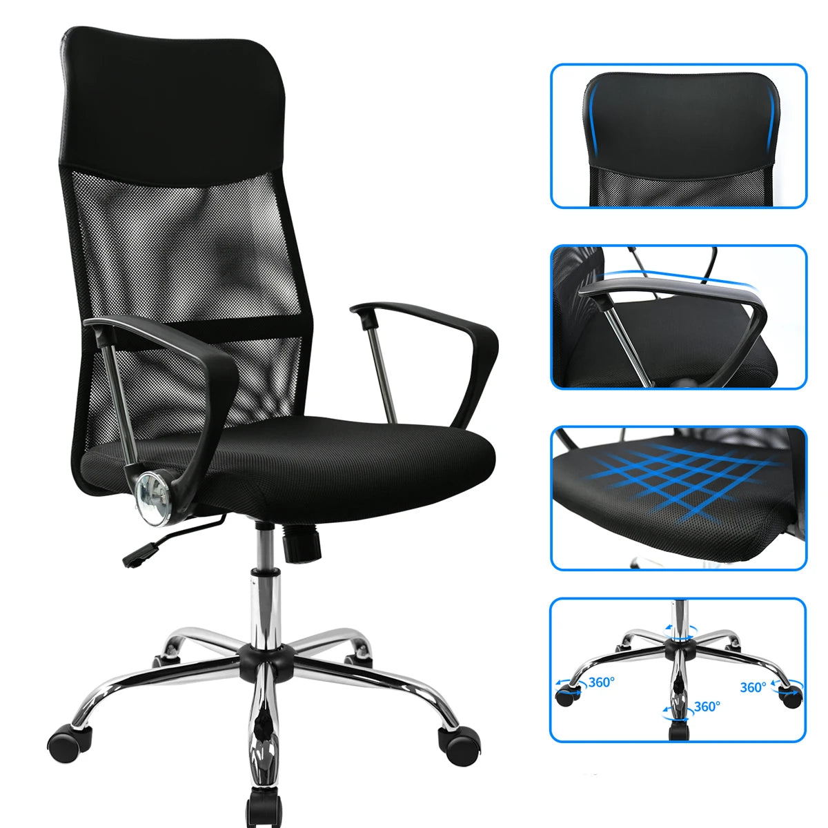 Silla de oficina T-LoVendo TLV-AM-OC621 con giro de 360 ​​grados, diseño ergonómico de malla, altura ajustable, peso máximo 120 kg, ideal para oficina en casa y estudio.