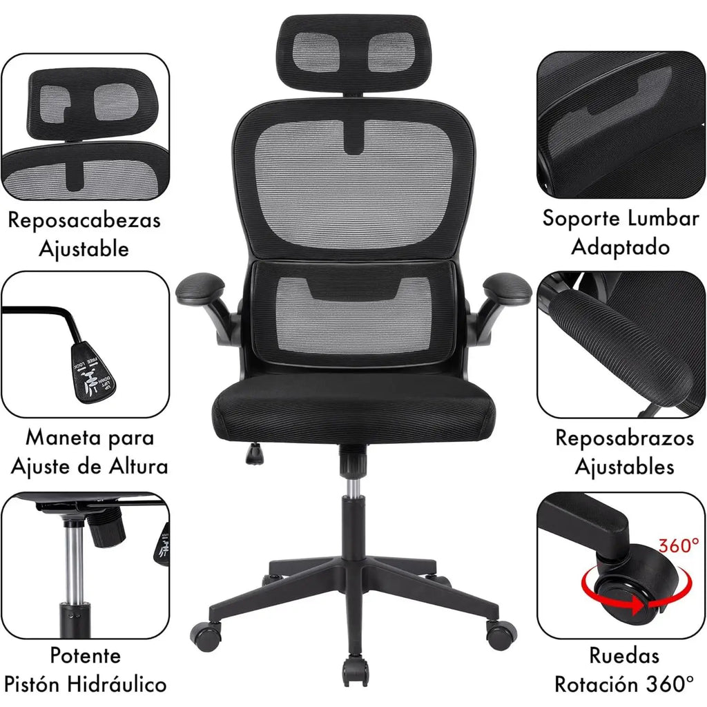Silla de oficina ergonómica con respaldo de malla transpirable y reposacabezas ajustable. Asiento acolchado y cómodo.