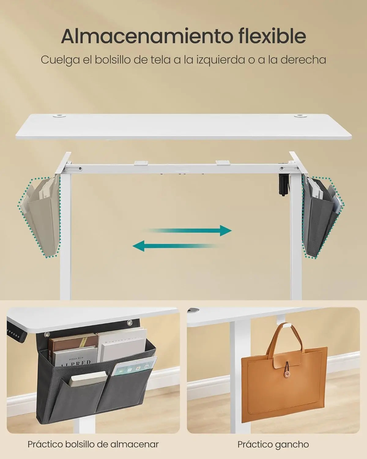 Escritorio eléctrico SONGMICS, altura ajustable, 60 x 140 x (72-120) cm, soporta 70 kg, memoria para 4 alturas, compartimento de almacenamiento integrado, negro rústico/marrón y blanco nube negro, ideal para oficina en casa o estudio.