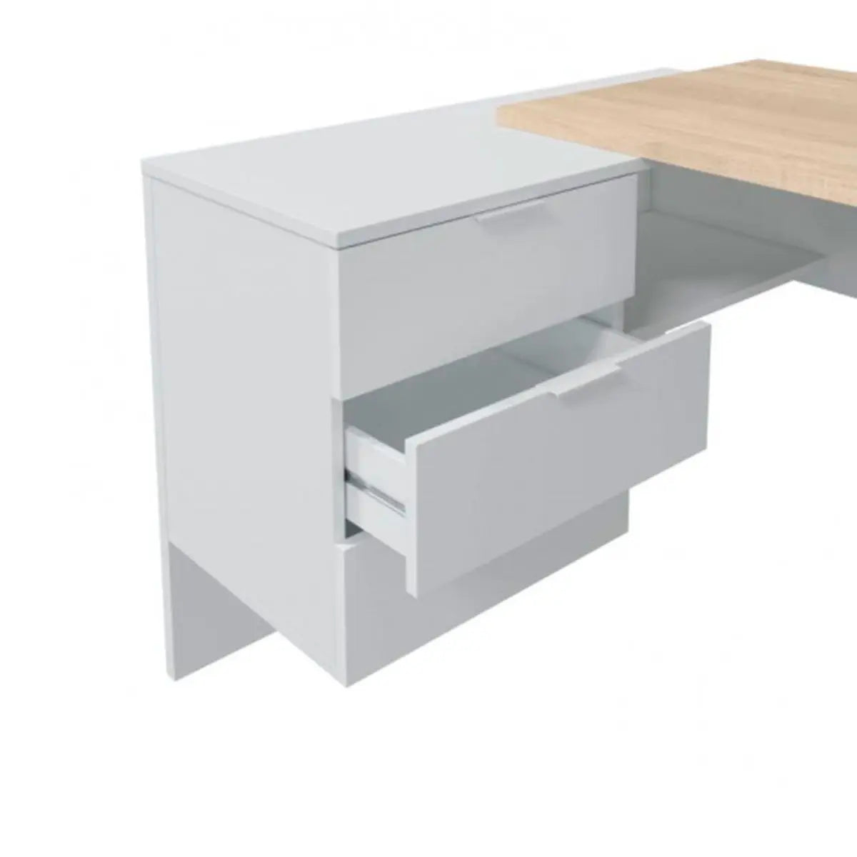 Elegante escritorio con cajón en color blanco artik/roble, amplia zona de trabajo, fabricado en melamina, incluye 1 amplia encimera y 1 cajonera lateral con 3 cajones, ideal para oficina o estudio, medidas 73 x 145 x 61,5 cm.