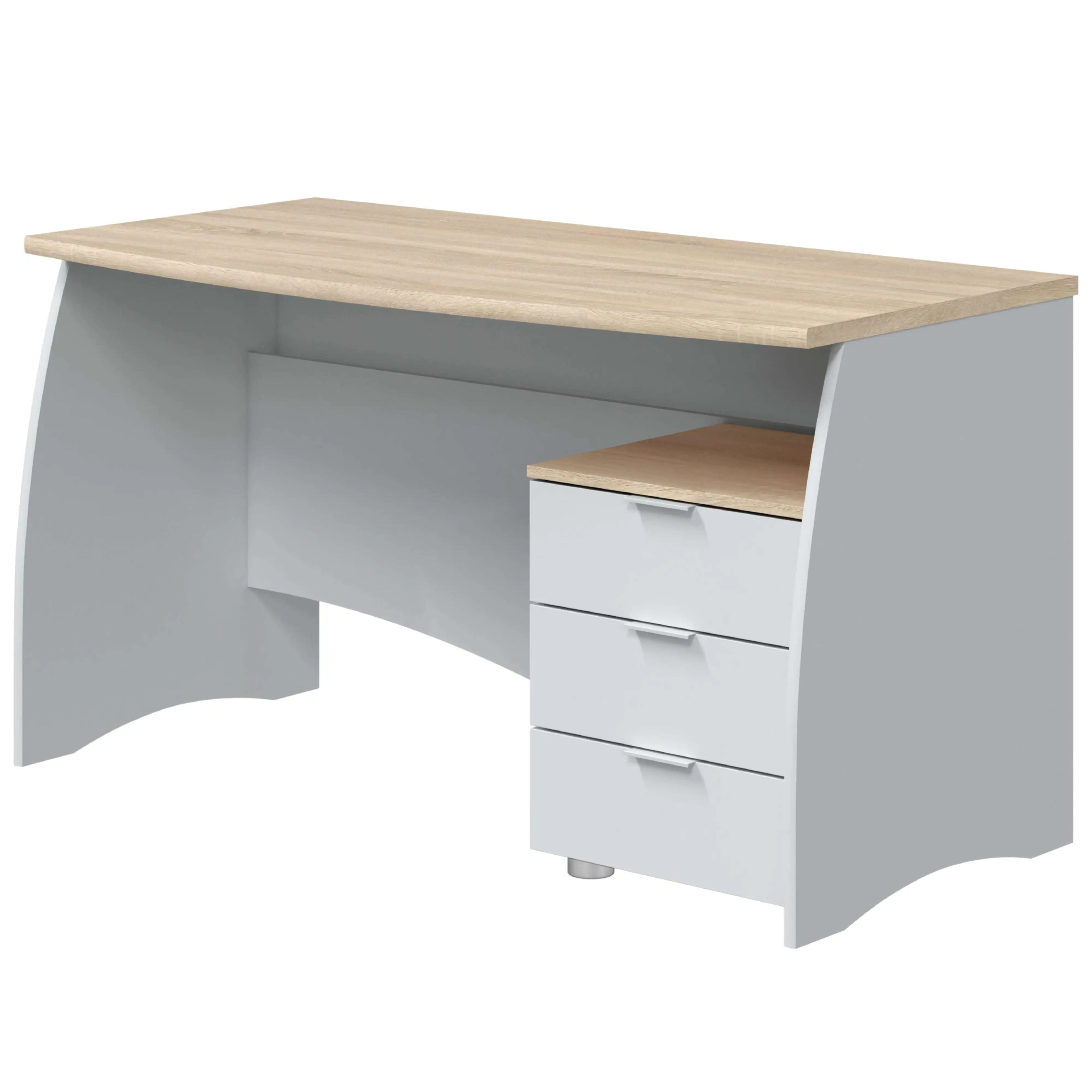 Stylish White Artik and Canadian Oak Desk 136x67x74 cm, a modern office desk made of melamine with rounded edges and a 3-drawer storage unit for a functional workspace. Perfect for a comfortable and organized work environment