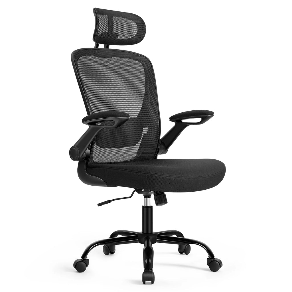 Silla de oficina ergonómica SONGMICS con soporte lumbar ajustable, asiento de 53 cm de ancho, reposabrazos plegables, malla transpirable, color negro tinta/beige capuchino/rosa gelatina/gris paloma, ideal para oficina en casa y juegos.