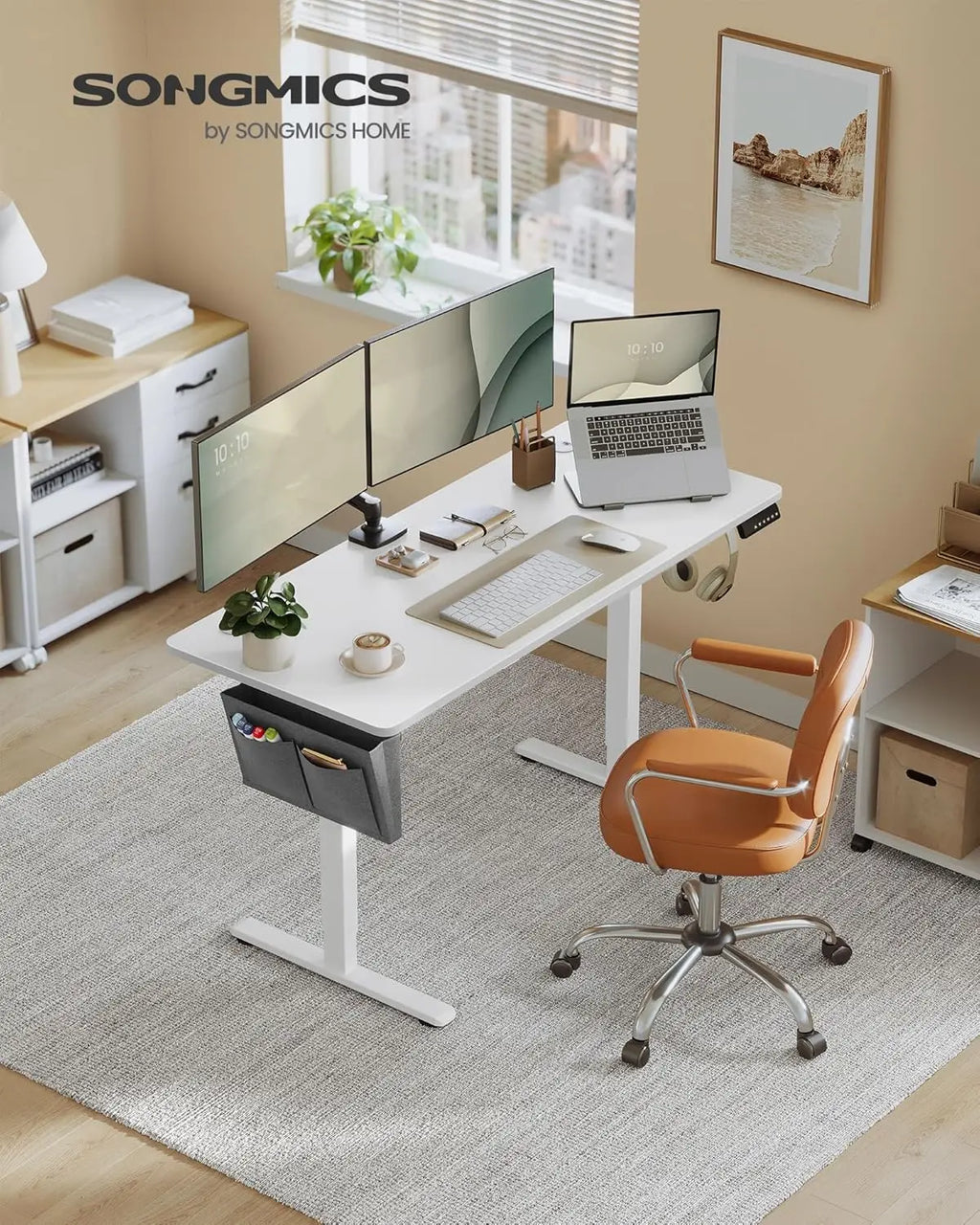 Escritorio eléctrico SONGMICS, altura ajustable, 60 x 140 x (72-120) cm, soporta 70 kg, memoria para 4 alturas, compartimento de almacenamiento integrado, negro rústico/marrón y blanco nube negro, ideal para oficina en casa o estudio.