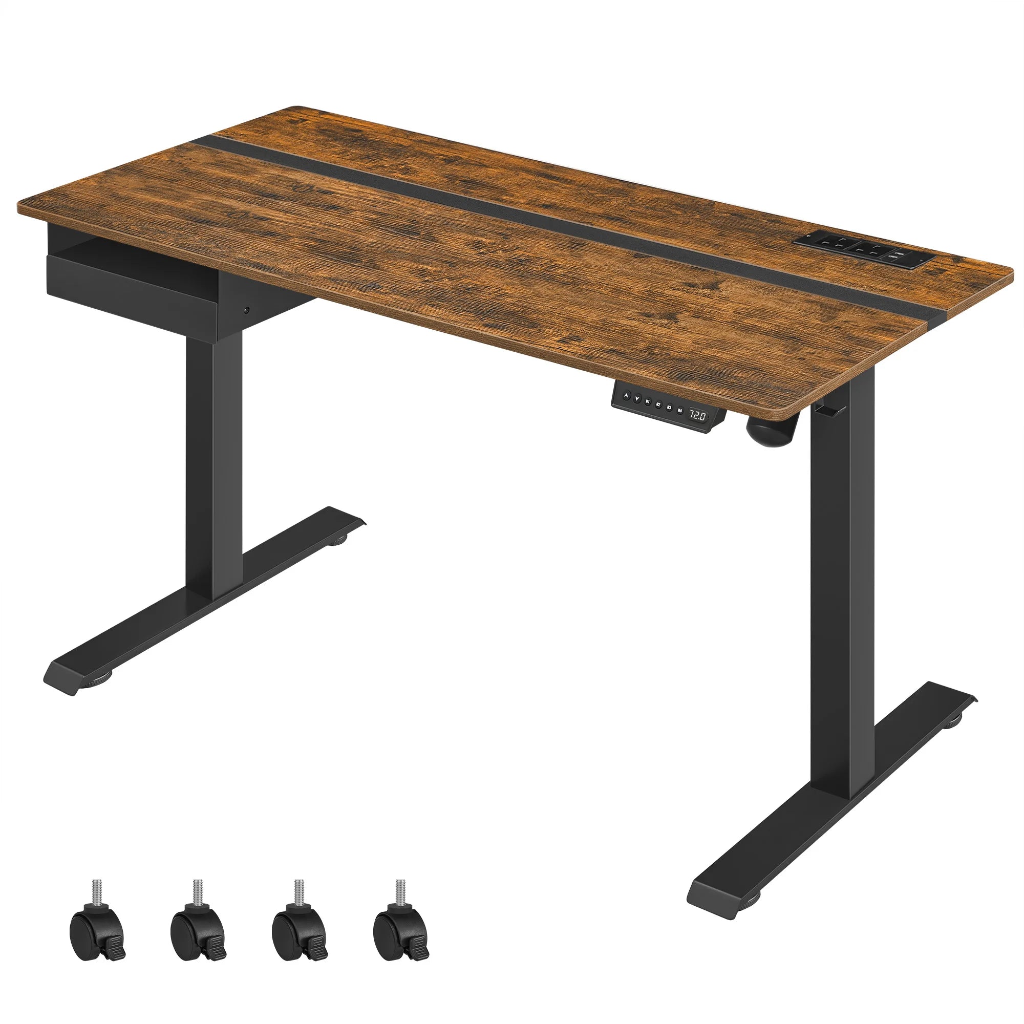 Escritorio ajustable en altura VASAGLE, 60 x 140 cm, cuenta con 4 funciones de memoria, 2 tomas de corriente y puertos USB, con un diseño robusto que soporta hasta 80 kg, perfecto para una oficina moderna o un entorno de estudio.