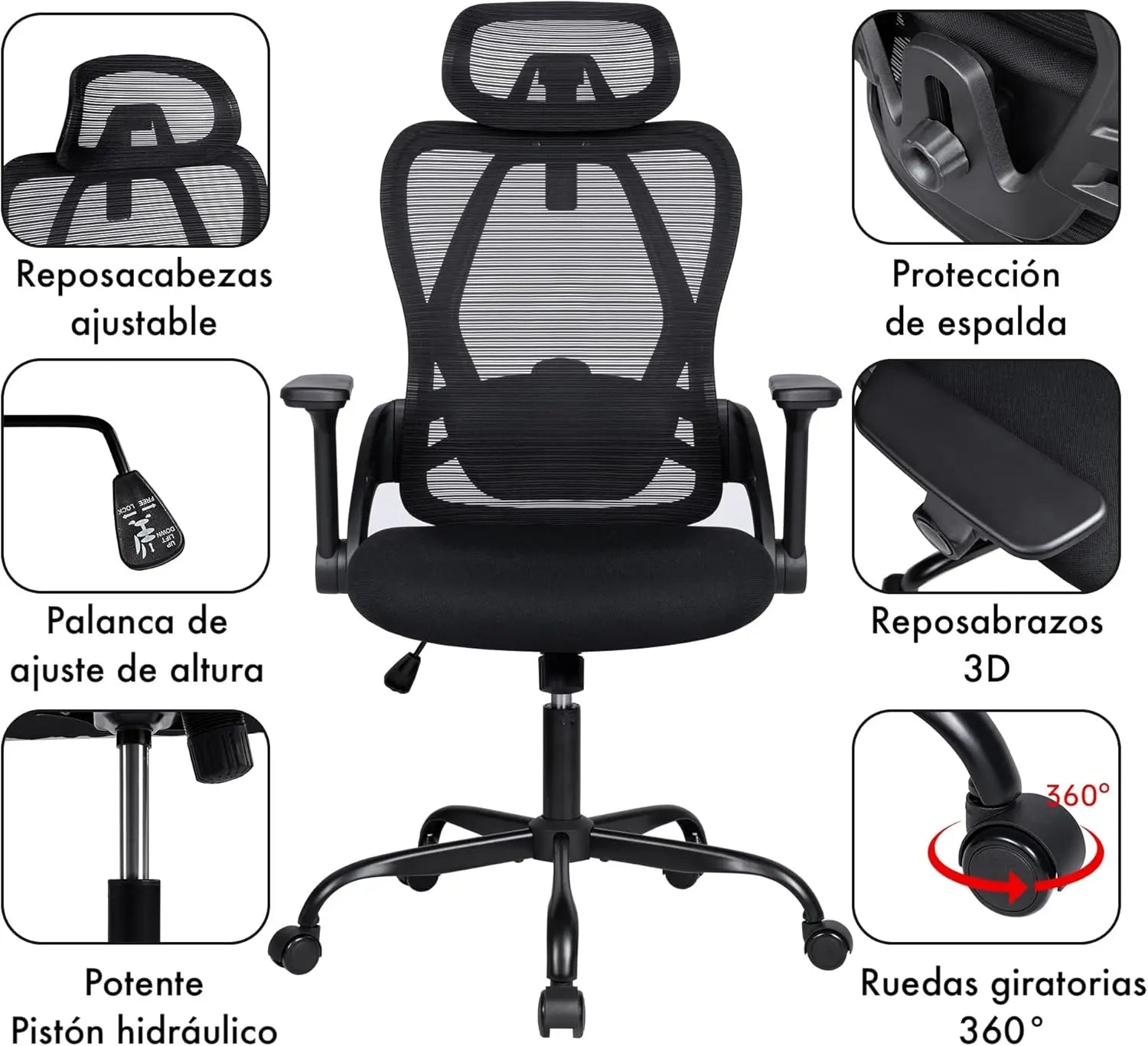 Silla de oficina ergonómica T-LoVendo con reposacabezas ajustable, soporte lumbar y giro de 360°, malla transpirable, espuma de alta densidad, fácil montaje