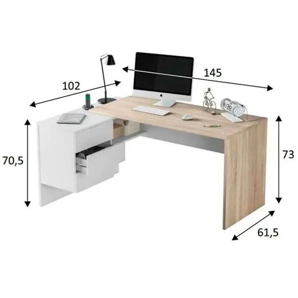 Elegante escritorio con cajón en color blanco artik/roble, amplia zona de trabajo, fabricado en melamina, incluye 1 amplia encimera y 1 cajonera lateral con 3 cajones, ideal para oficina o estudio, medidas 73 x 145 x 61,5 cm.