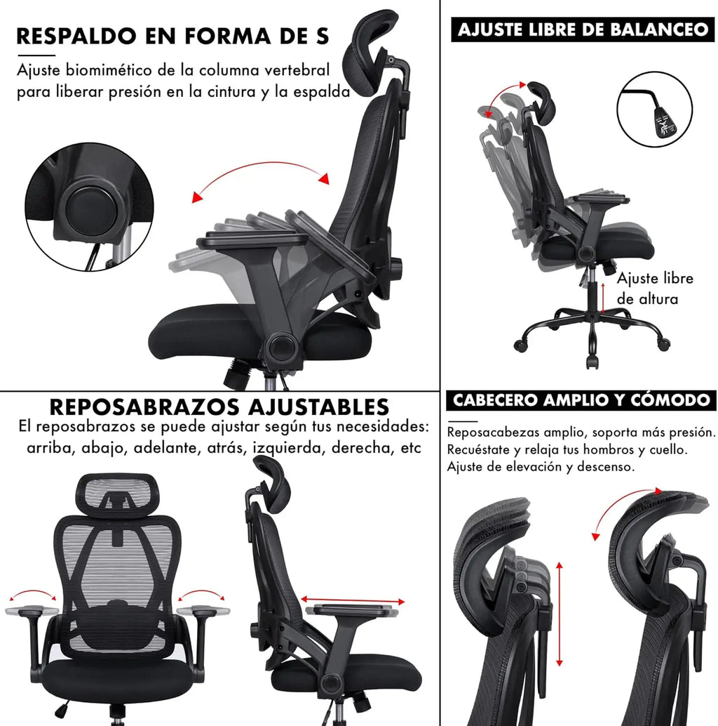 Silla de oficina ergonómica T-LoVendo con reposacabezas ajustable, soporte lumbar y giro de 360°, malla transpirable, espuma de alta densidad, fácil montaje