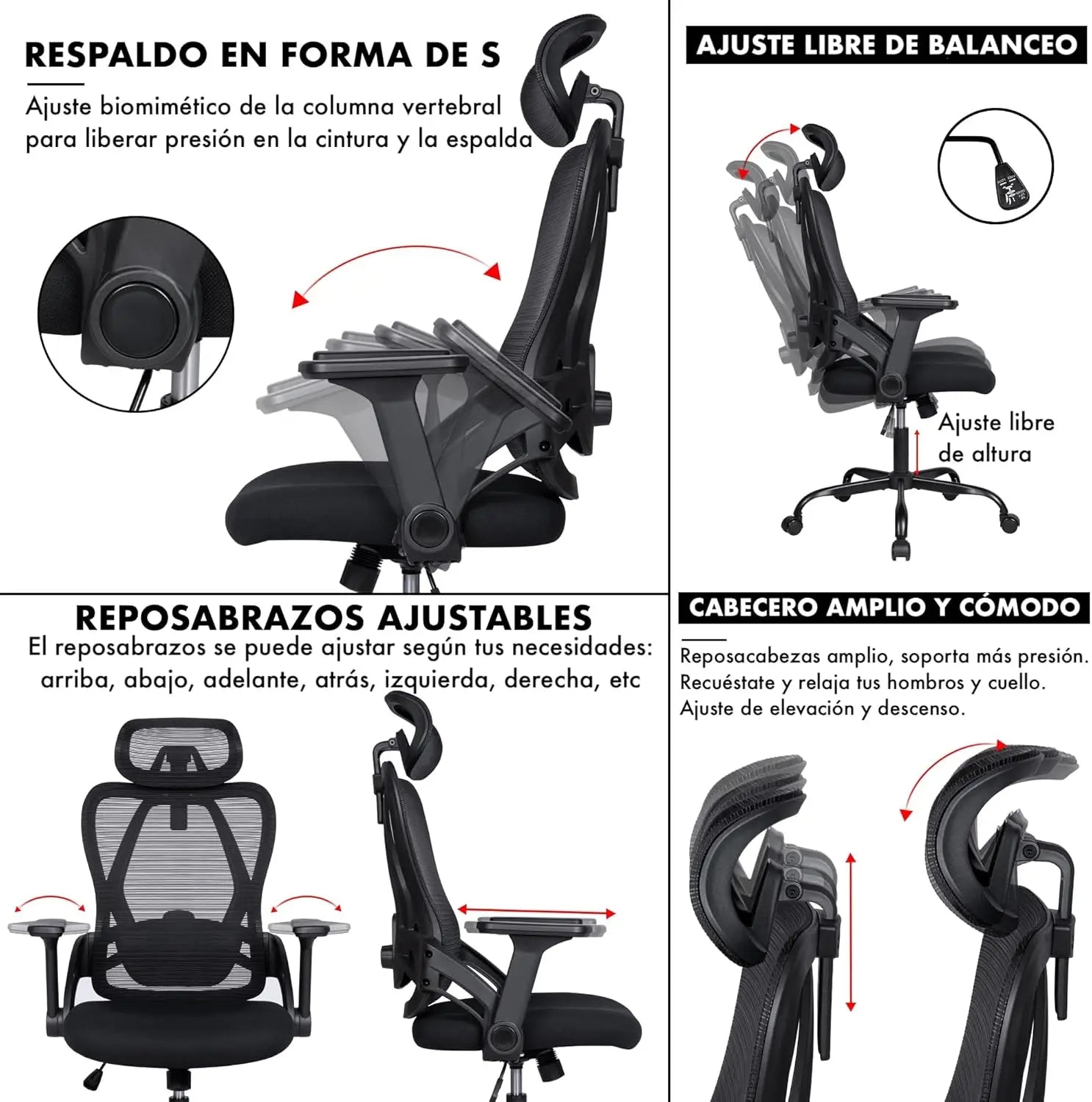 Silla de oficina ergonómica T-LoVendo con reposacabezas ajustable, soporte lumbar y giro de 360°, malla transpirable, espuma de alta densidad, fácil montaje