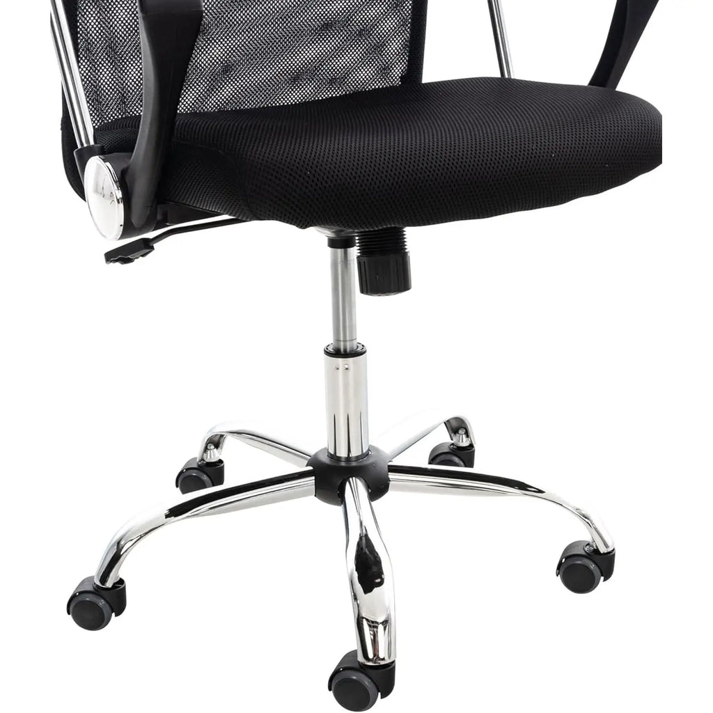 Silla de Oficina Ergonómica DASCK con respaldo alto, malla transpirable, altura regulable 35-45 cm, base cromada con ruedas 360°, brazos fijos para uso doméstico cómodo.