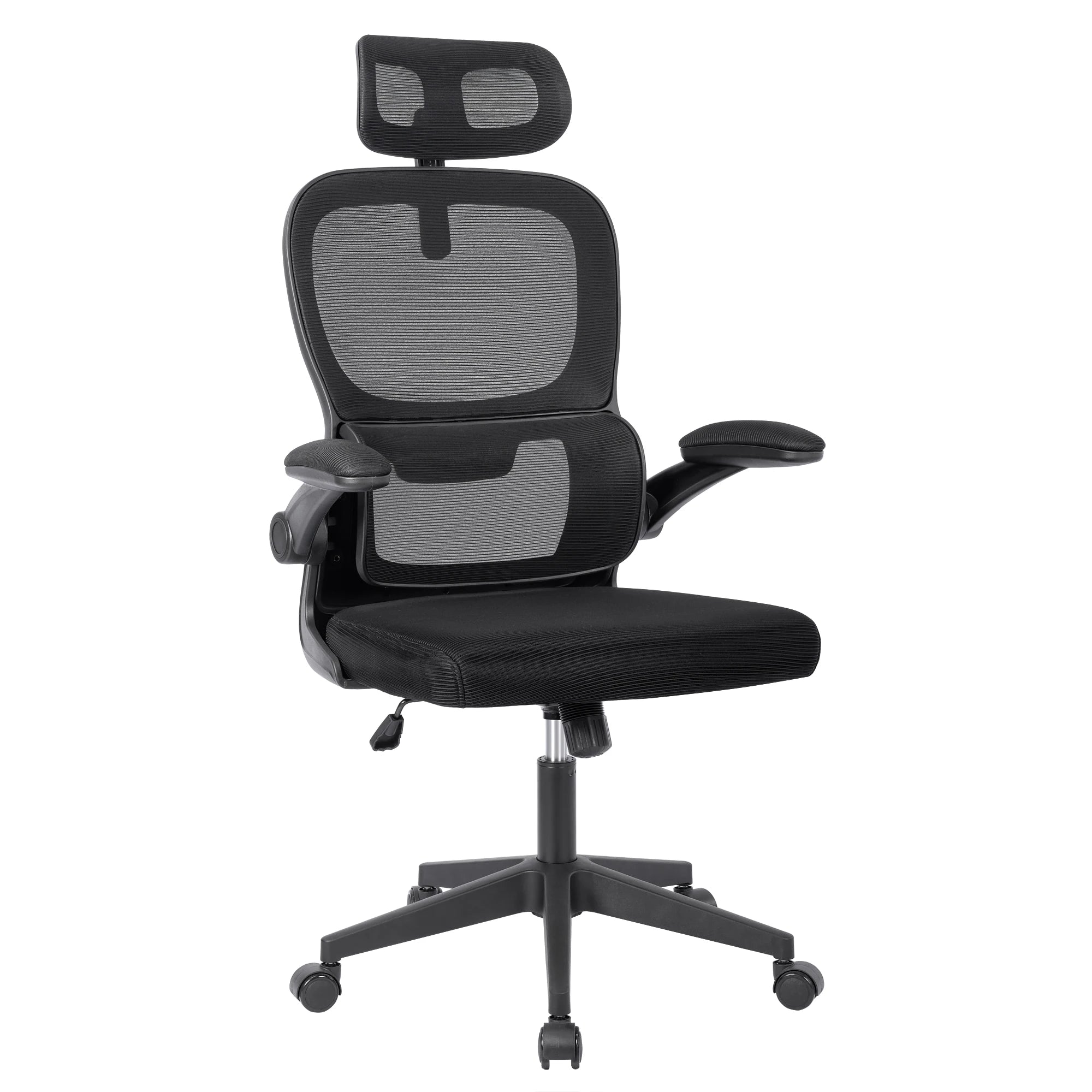 Silla de oficina ergonómica con respaldo de malla transpirable y reposacabezas ajustable. Asiento acolchado y cómodo.