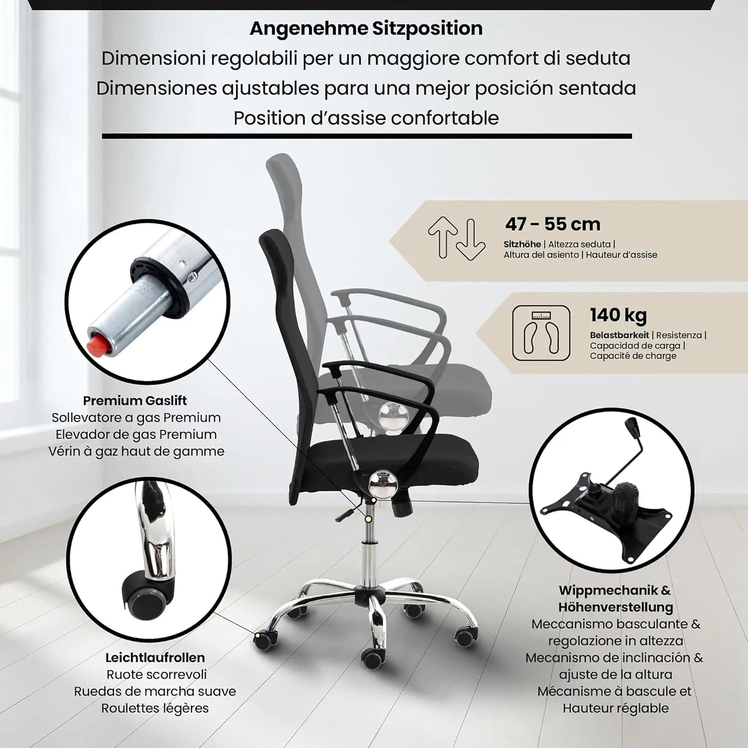Silla de Oficina Ergonómica DASCK con respaldo alto, malla transpirable, altura regulable 35-45 cm, base cromada con ruedas 360°, brazos fijos para uso doméstico cómodo.