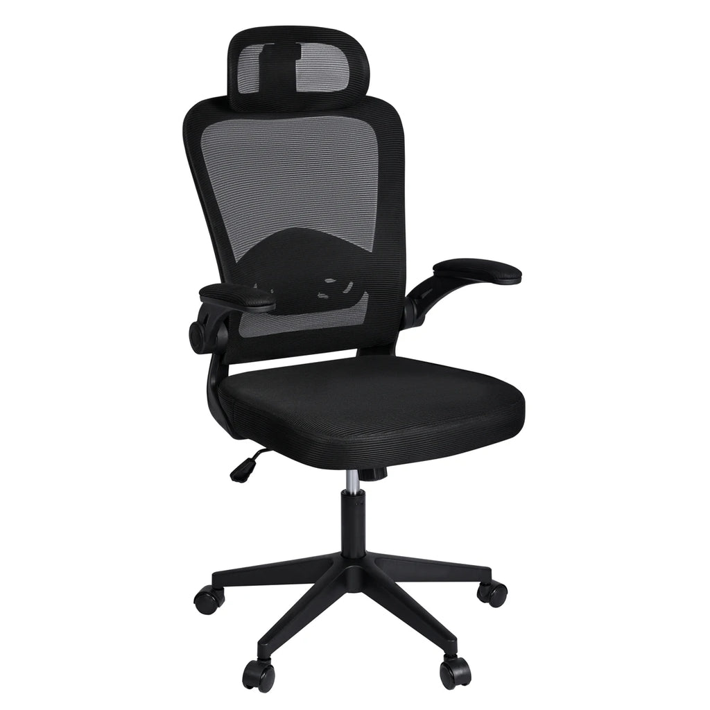 Silla de oficina ergonómica T-Lovendo AM-HOC919-BLACK con soporte lumbar ajustable, malla transpirable, ruedas de rodamiento suave y brazos ajustables para máxima comodidad en entornos domésticos y de oficina.