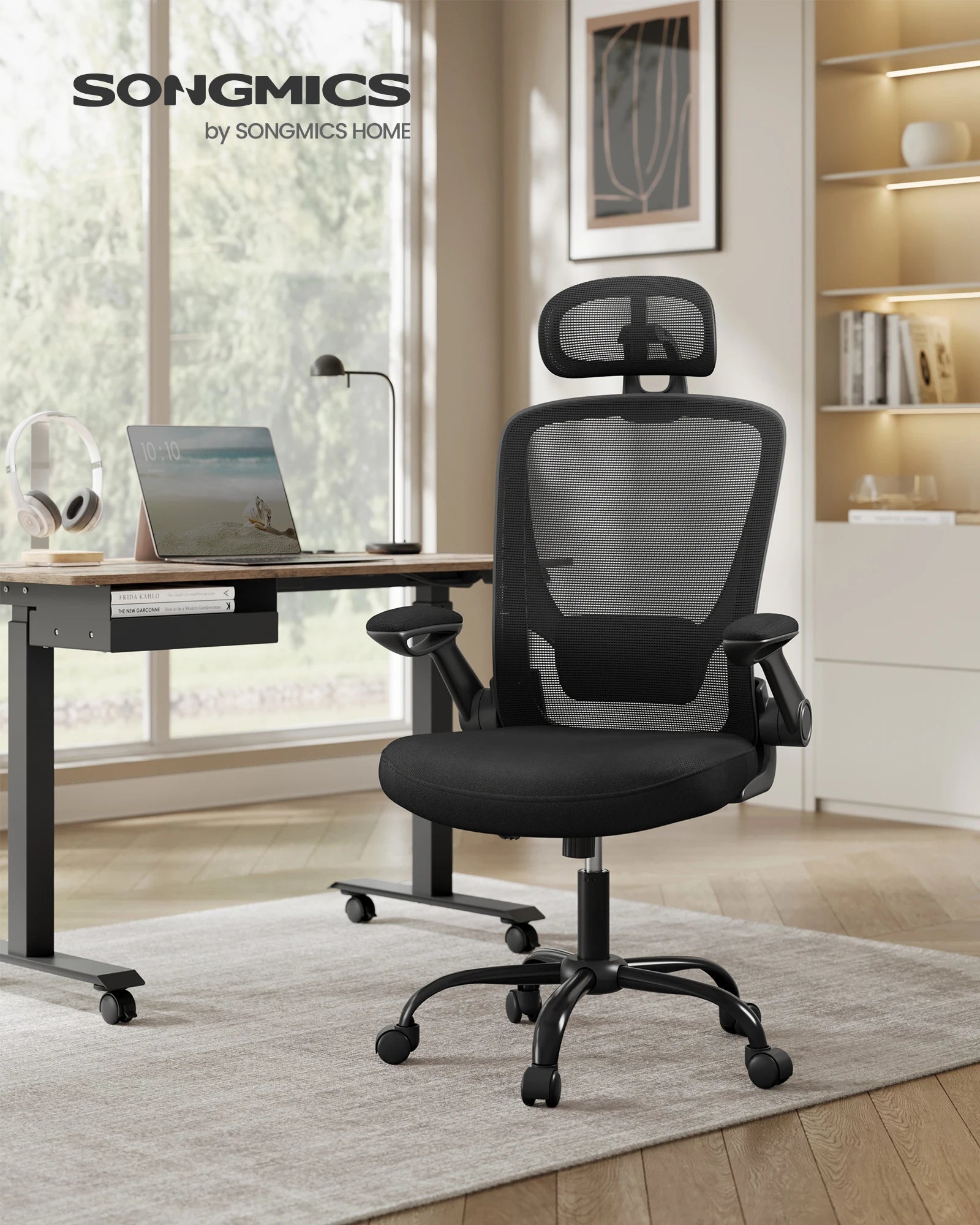 Silla de oficina ergonómica SONGMICS con soporte lumbar ajustable, asiento de 53 cm de ancho, reposabrazos plegables, malla transpirable, color negro tinta/beige capuchino/rosa gelatina/gris paloma, ideal para oficina en casa y juegos.