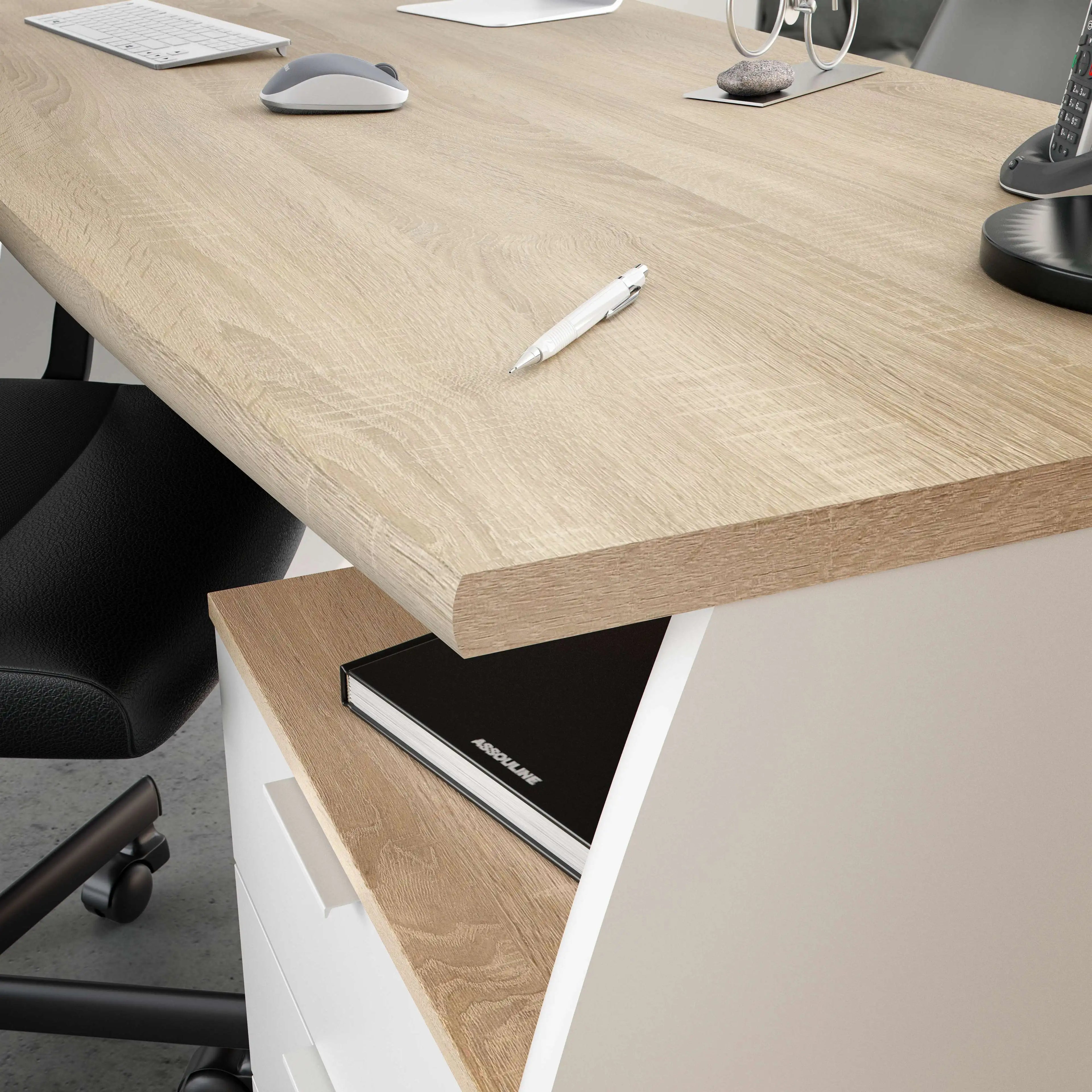 Stylish White Artik and Canadian Oak Desk 136x67x74 cm, a modern office desk made of melamine with rounded edges and a 3-drawer storage unit for a functional workspace. Perfect for a comfortable and organized work environment
