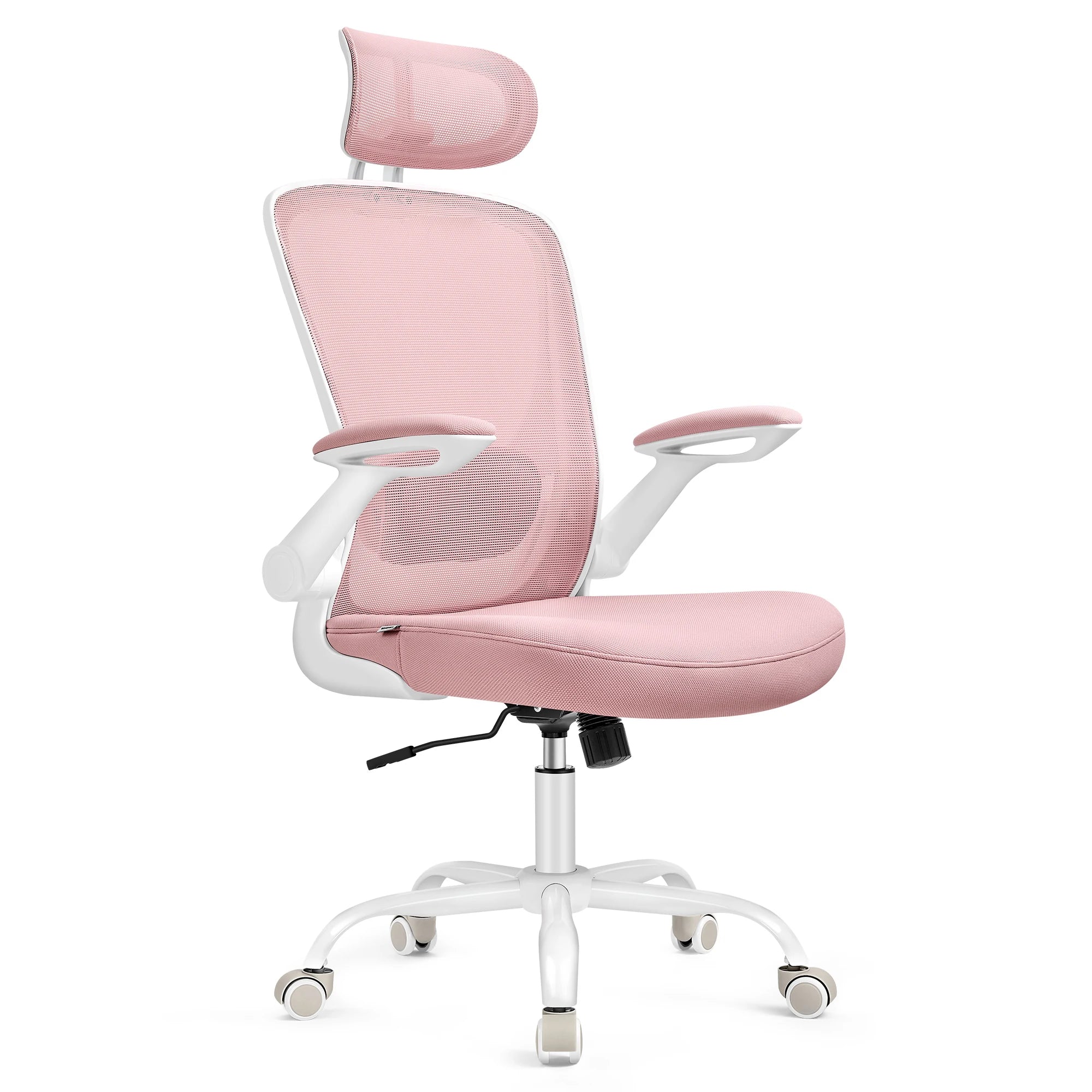 Silla de oficina ergonómica SONGMICS con soporte lumbar ajustable, asiento de 53 cm de ancho, reposabrazos plegables, malla transpirable, color negro tinta/beige capuchino/rosa gelatina/gris paloma, ideal para oficina en casa y juegos.