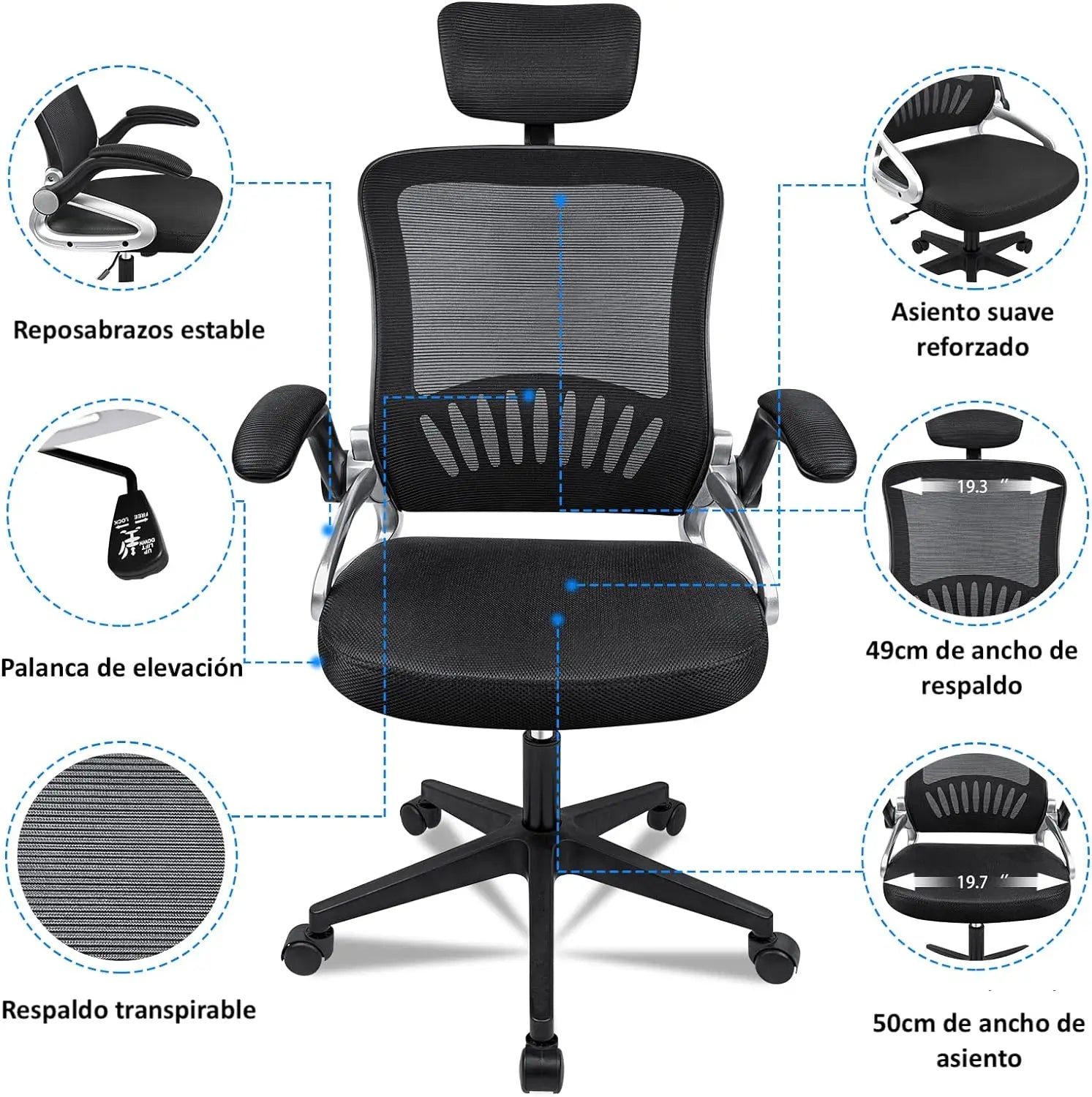 Silla de oficina T-Lovendo AM-HOC35-Negra: Diseño ergonómico con altura ajustable, giro de 360 ​​grados, malla transpirable y soporte lumbar para máxima comodidad al trabajar o estudiar. Perfecta como silla de escritorio o para la oficina en casa.