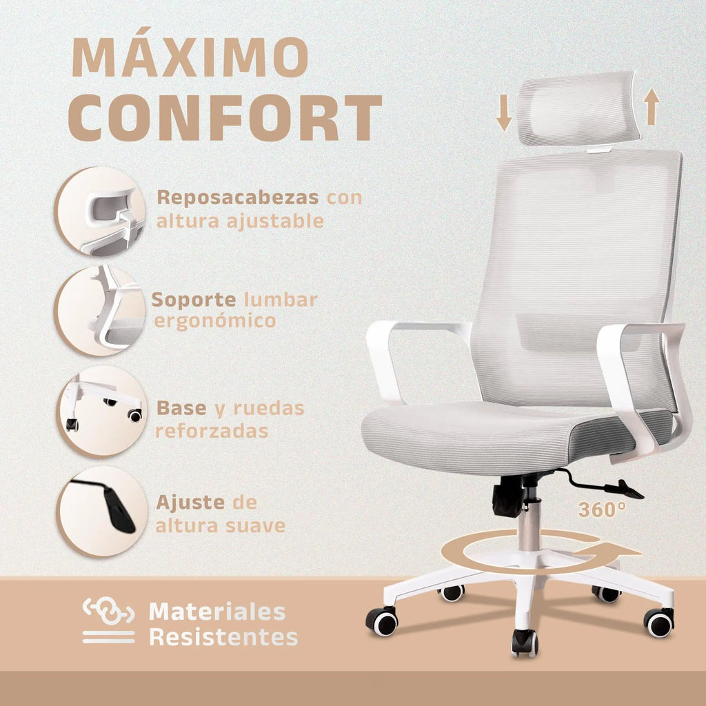 Silla de escritorio ergonómica Jupplies silla de oficina ajustable y reclinable con soporte lumbar, reposacabezas ajustable, malla transpirable, ruedas giratorias 360 ° Soporta hasta 100 kg