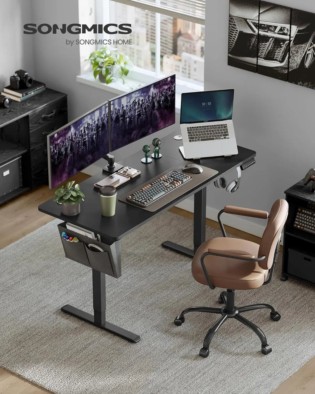 Escritorio eléctrico SONGMICS, altura ajustable, 60 x 140 x (72-120) cm, soporta 70 kg, memoria para 4 alturas, compartimento de almacenamiento integrado, negro rústico/marrón y blanco nube negro, ideal para oficina en casa o estudio.